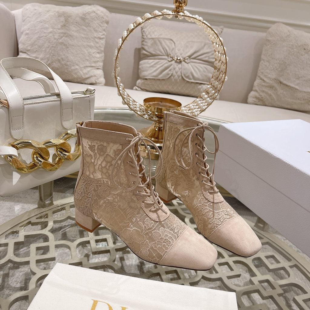 DIOR NAUGHTILY-D ANKLE BOOT NUDE BEIGE TRANSPARENT MESH AND SUEDE EMBROIDERED WITH ROSES MOTIF 35 MM
