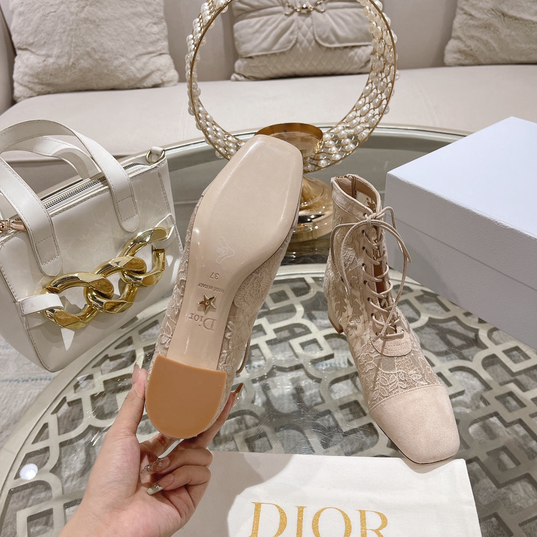 DIOR NAUGHTILY-D ANKLE BOOT NUDE BEIGE TRANSPARENT MESH AND SUEDE EMBROIDERED WITH ROSES MOTIF 35 MM