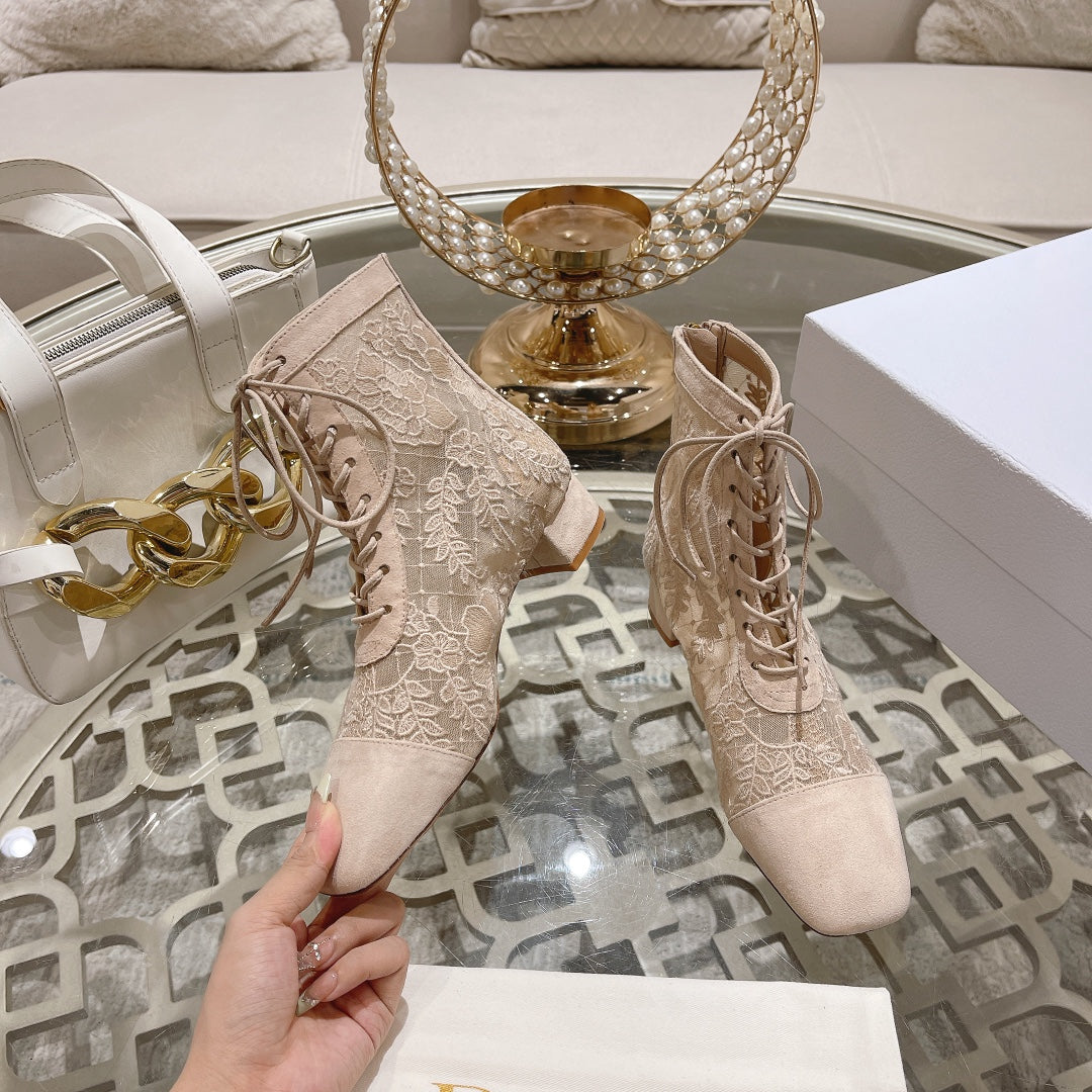 DIOR NAUGHTILY-D ANKLE BOOT NUDE BEIGE TRANSPARENT MESH AND SUEDE EMBROIDERED WITH ROSES MOTIF 35 MM