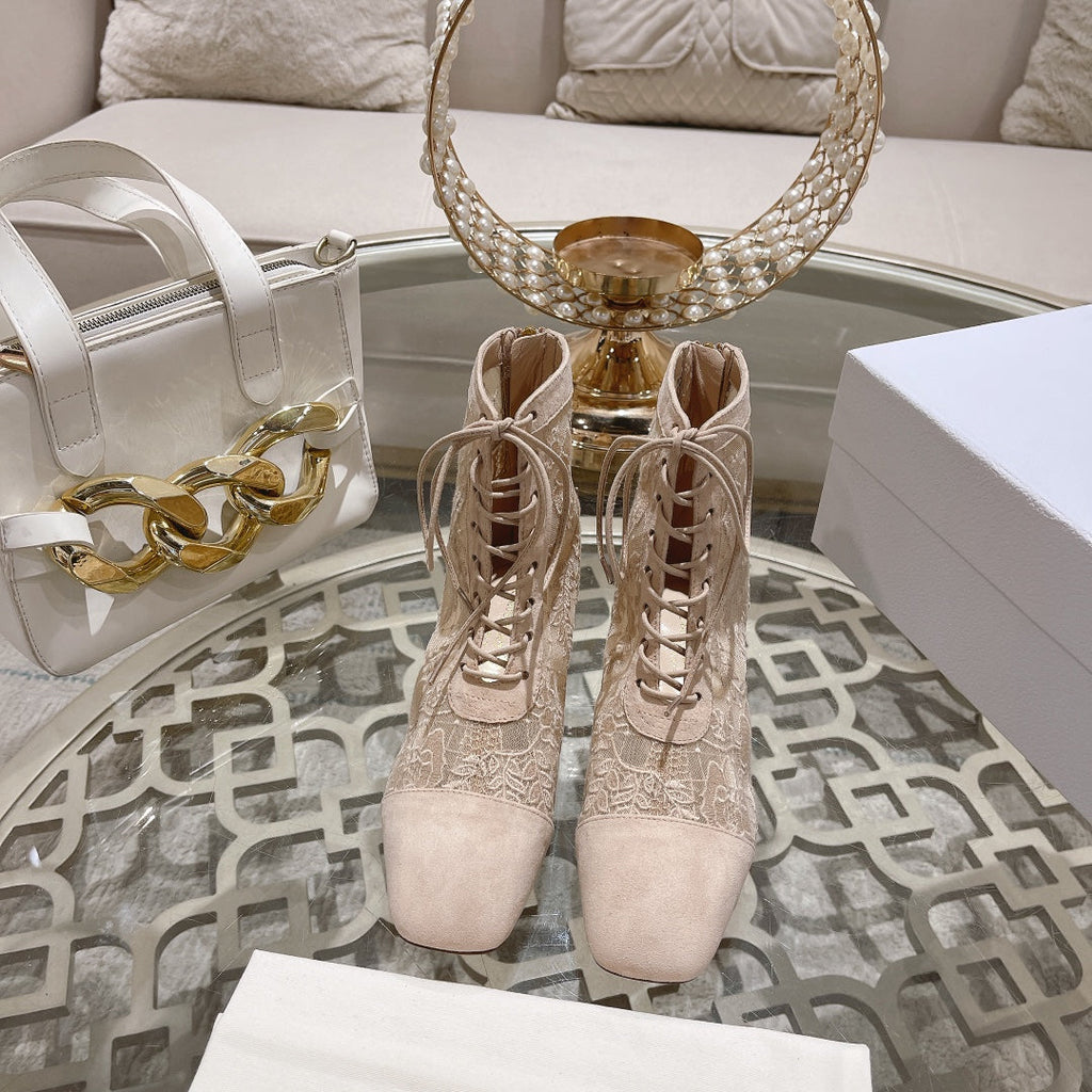 DIOR NAUGHTILY-D ANKLE BOOT NUDE BEIGE TRANSPARENT MESH AND SUEDE EMBROIDERED WITH ROSES MOTIF 35 MM
