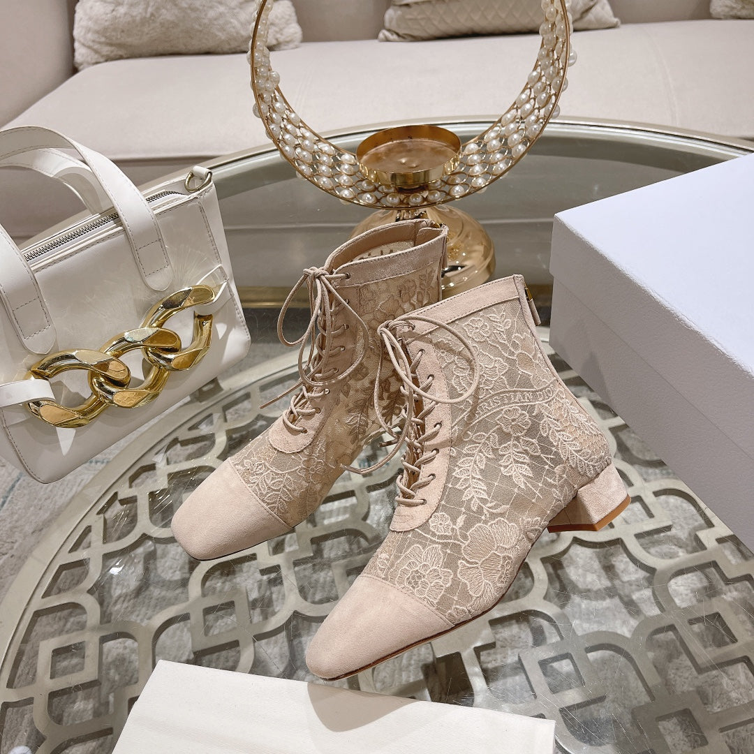 DIOR NAUGHTILY-D ANKLE BOOT NUDE BEIGE TRANSPARENT MESH AND SUEDE EMBROIDERED WITH ROSES MOTIF 35 MM