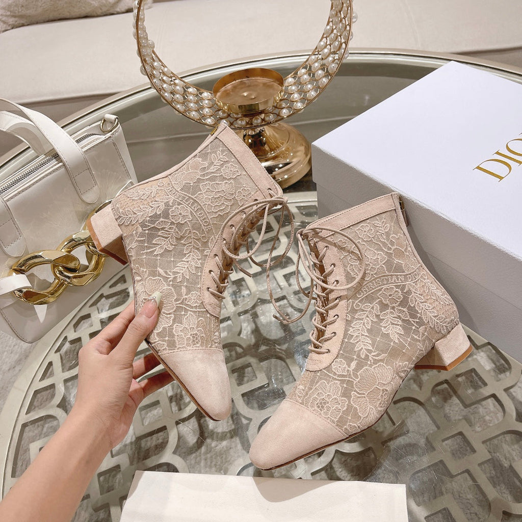 DIOR NAUGHTILY-D ANKLE BOOT NUDE BEIGE TRANSPARENT MESH AND SUEDE EMBROIDERED WITH ROSES MOTIF 35 MM