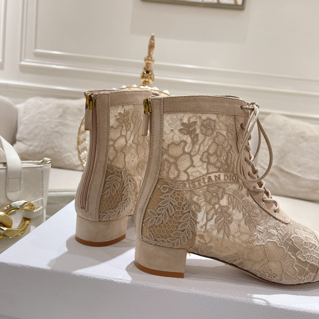 DIOR NAUGHTILY-D ANKLE BOOT NUDE BEIGE TRANSPARENT MESH AND SUEDE EMBROIDERED WITH ROSES MOTIF 35 MM