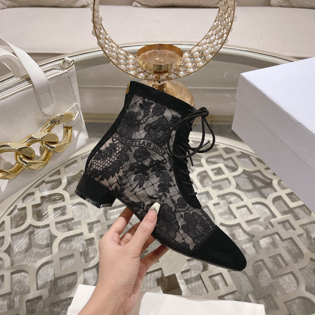 DIOR NAUGHTILY-D ANKLE BOOT BLACK TRANSPARENT MESH AND SUEDE EMBROIDERED WITH ROSES MOTIF 35 MM