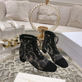 DIOR NAUGHTILY-D ANKLE BOOT BLACK TRANSPARENT MESH AND SUEDE EMBROIDERED WITH ROSES MOTIF 35 MM