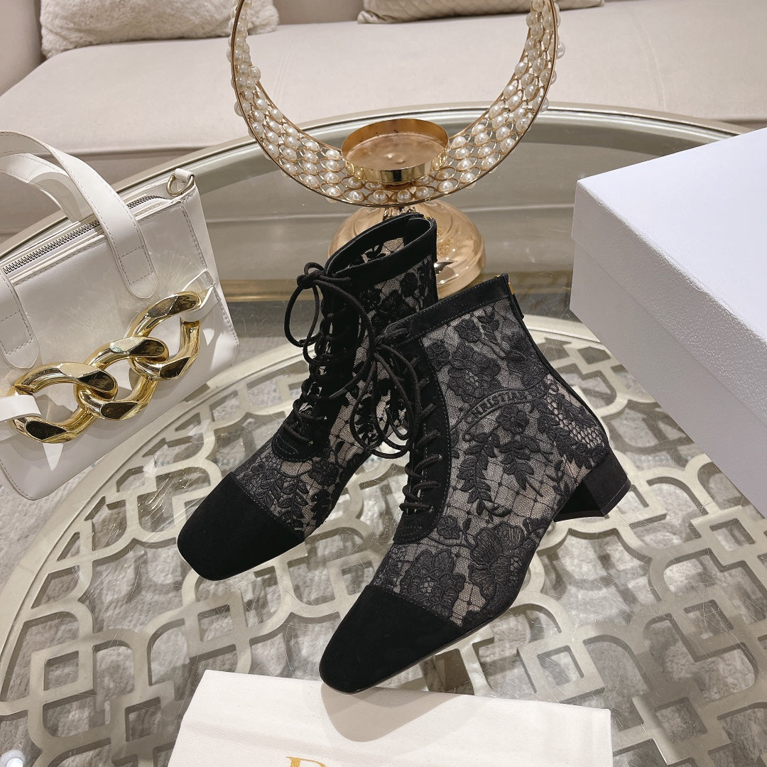 DIOR NAUGHTILY-D ANKLE BOOT BLACK TRANSPARENT MESH AND SUEDE EMBROIDERED WITH ROSES MOTIF 35 MM