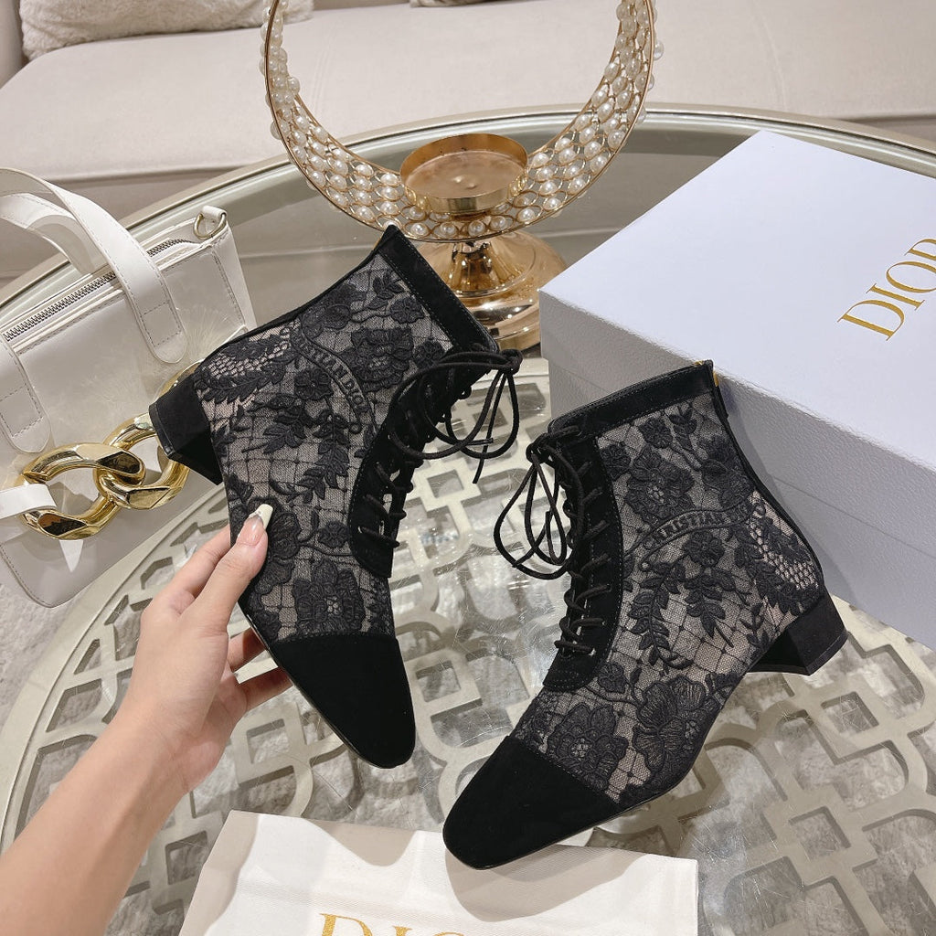 DIOR NAUGHTILY-D ANKLE BOOT BLACK TRANSPARENT MESH AND SUEDE EMBROIDERED WITH ROSES MOTIF 35 MM