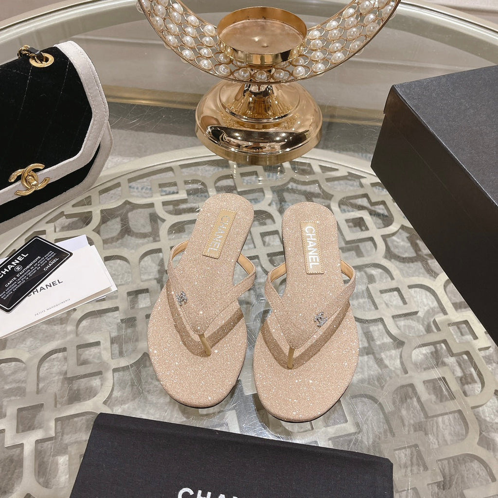 CHANEL Double  Rhinestone Flip  Flop Thongs Beige Cream Sheepskin