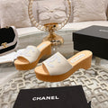 CHANEL WEDGE PLATFORM IN WHITE LAMBSKIN WITH LOGO