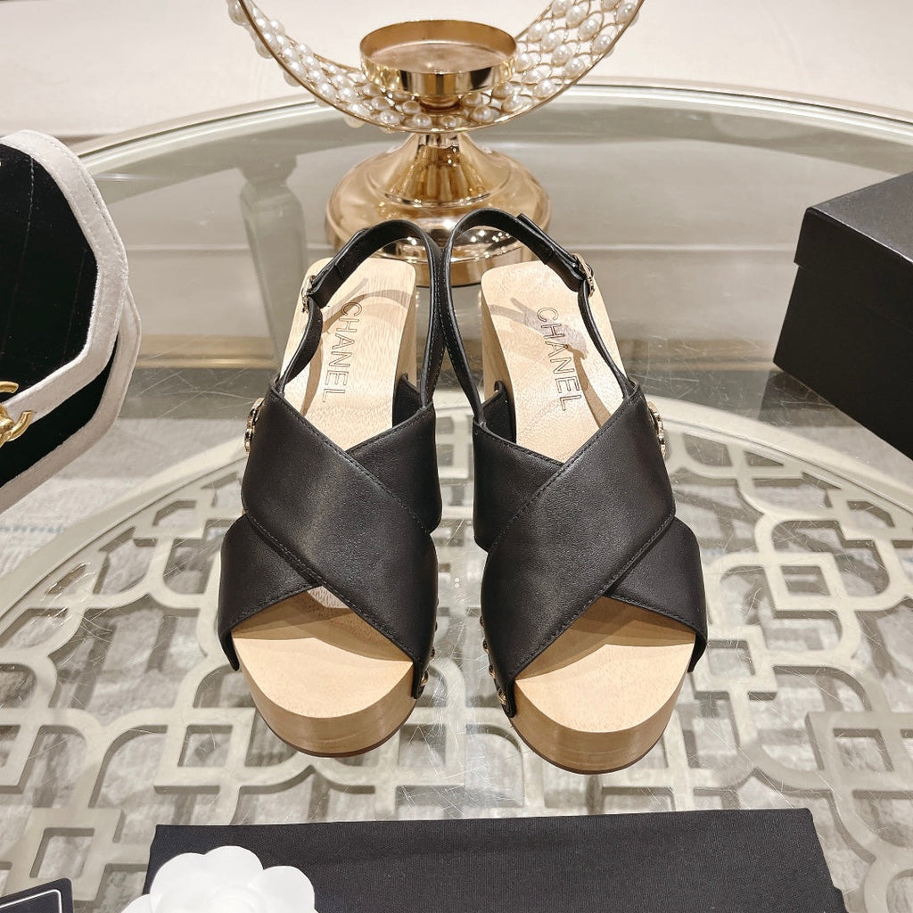 CHANEL Double   Wood Grain Platform Sandals Black Sheepskeen
