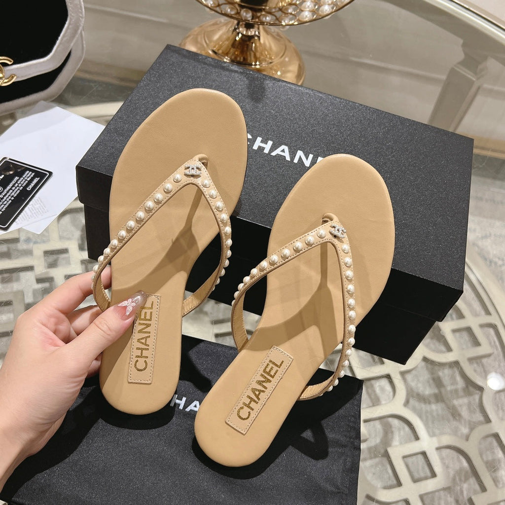 CHANEL PEARL THONG SANDAL IN SEPIA TAN LAMBSKIN