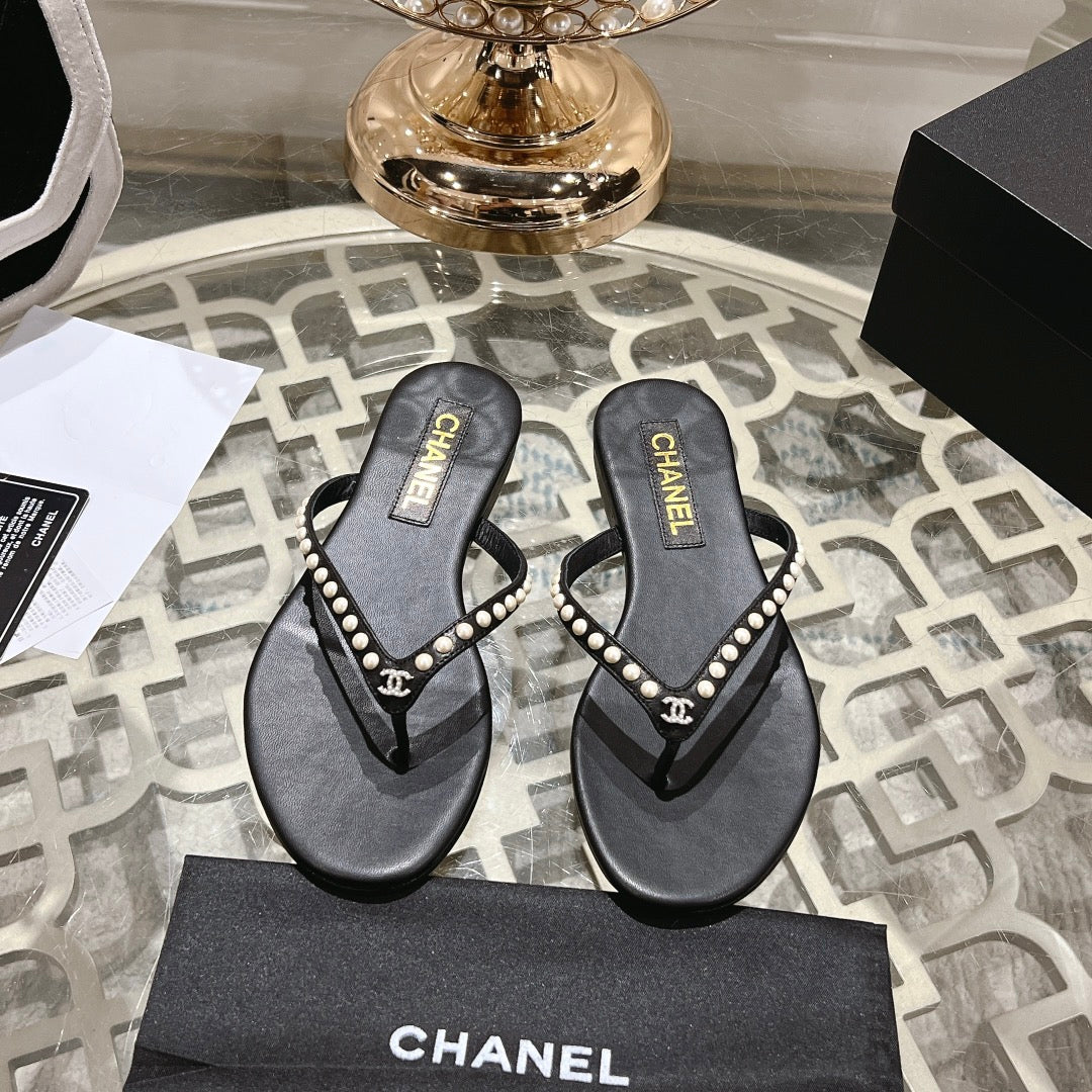 CHANEL PEARL THONG SANDAL IN BLACK LAMBSKIN