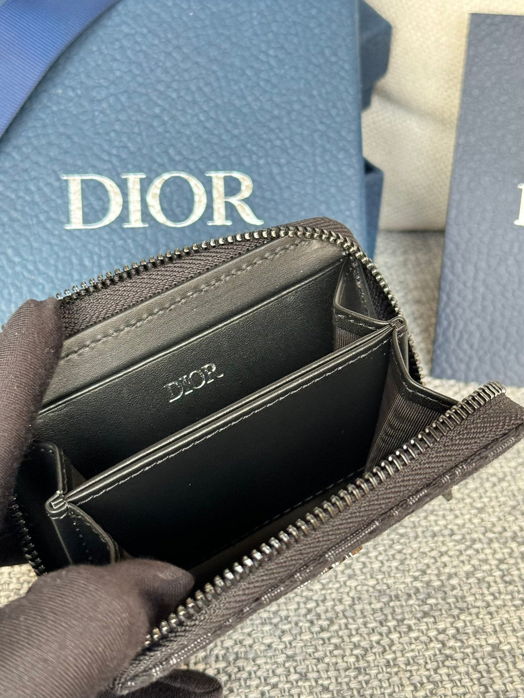 DIOR ZIPPED MINI WALLET 10 IN BLACK MONOGRAM OBLIQUE JACQUARD