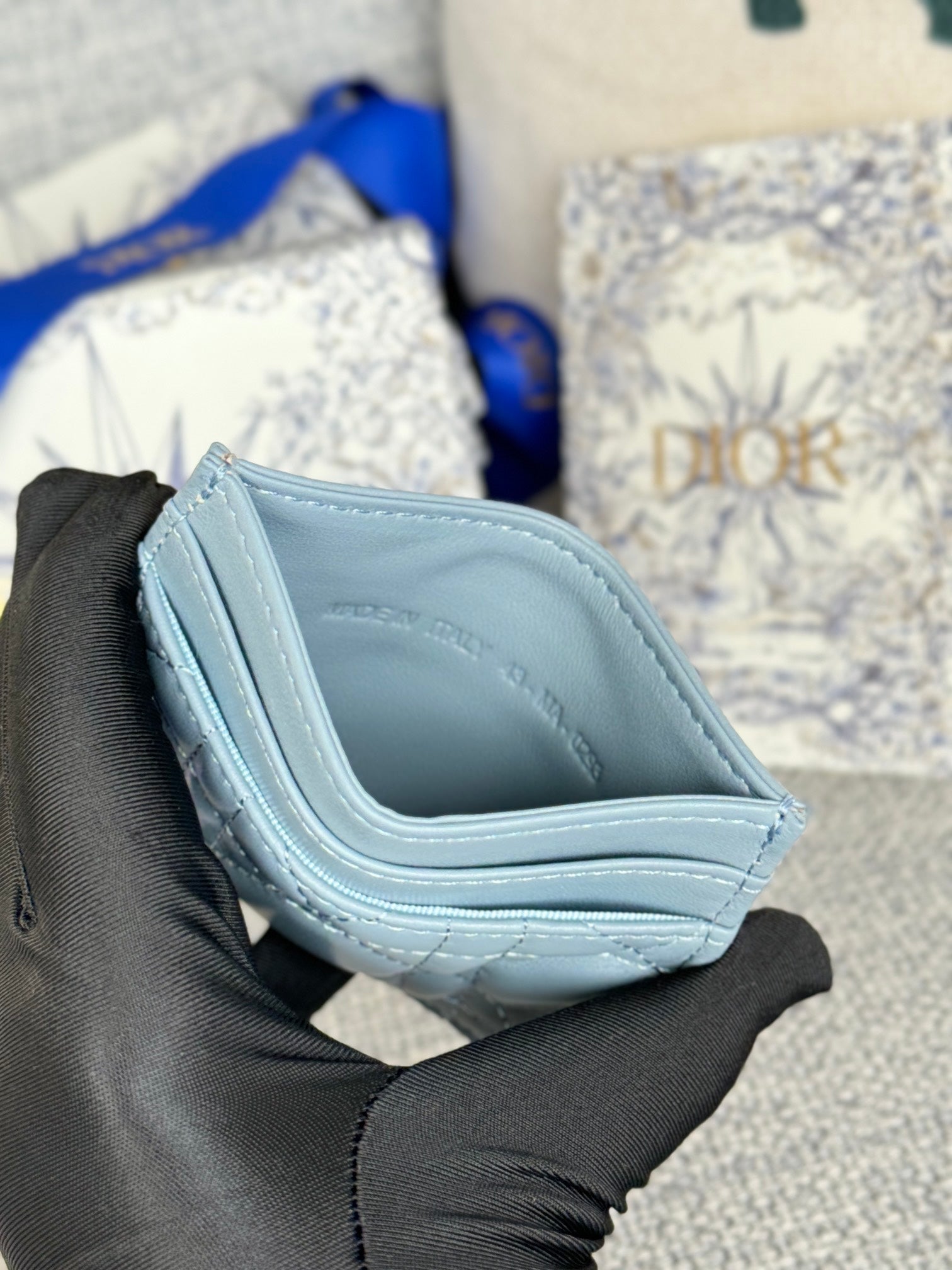 DIOR CARO FREESIA CARD HOLDER 10 IN BABY BLUE CANNAGE CALFSKIN