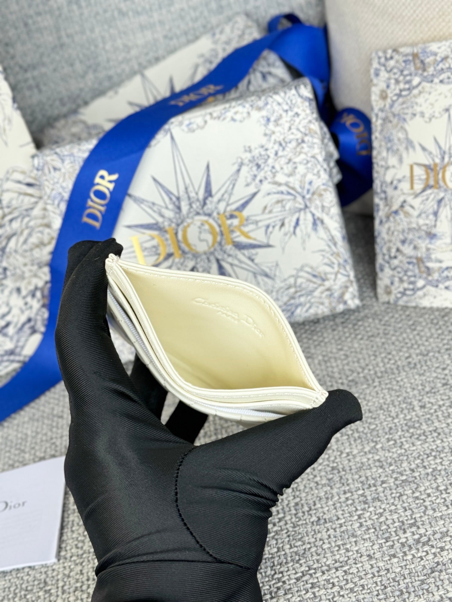 DIOR CARO FREESIA CARD HOLDER 10 IN WHITE CANNAGE CALFSKIN