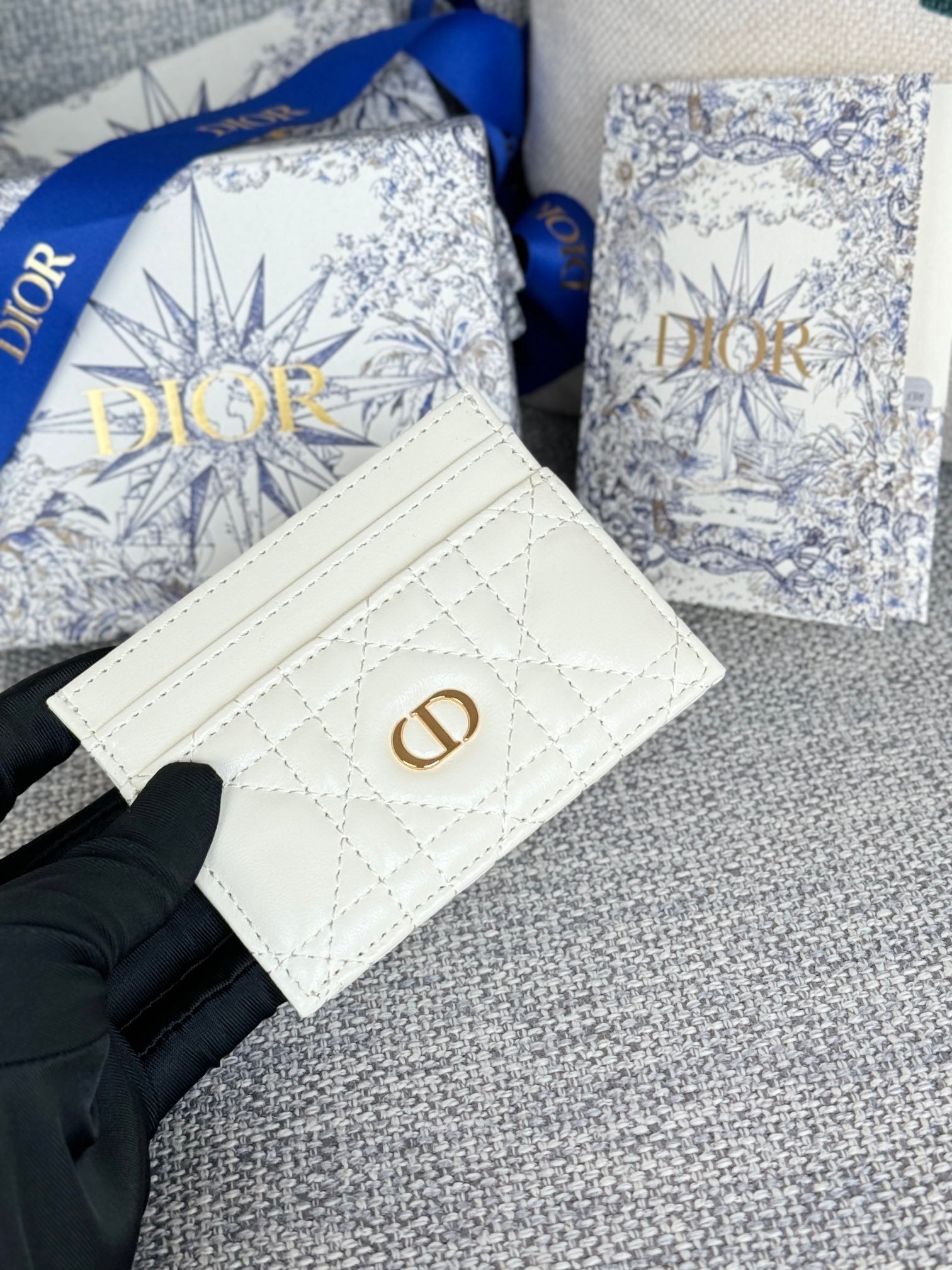 DIOR CARO FREESIA CARD HOLDER 10 IN WHITE CANNAGE CALFSKIN