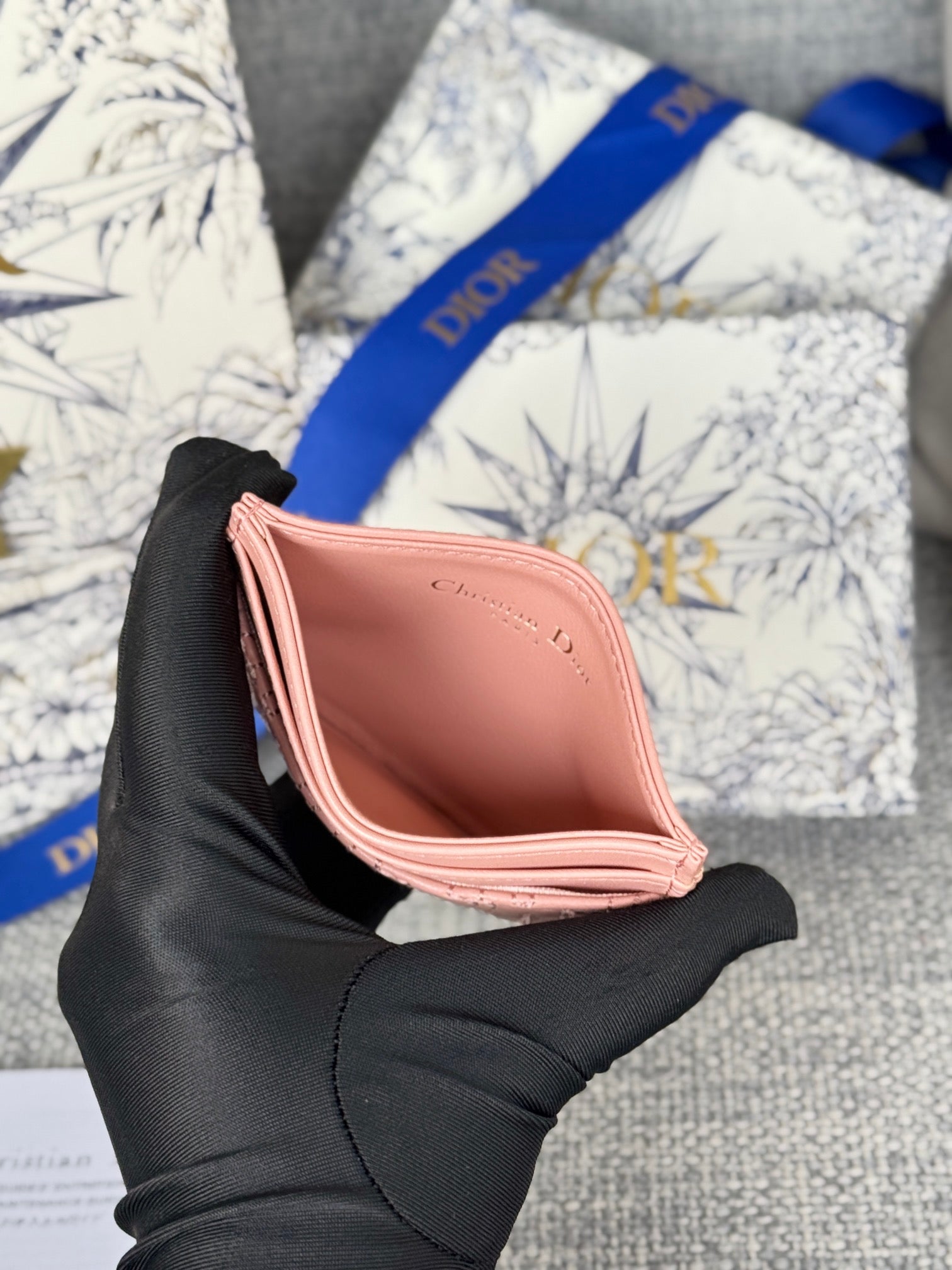 DIOR FREESIA CARD HOLDER 10 IN BABY PINK QUILTED ALLOVER CALFSKIN