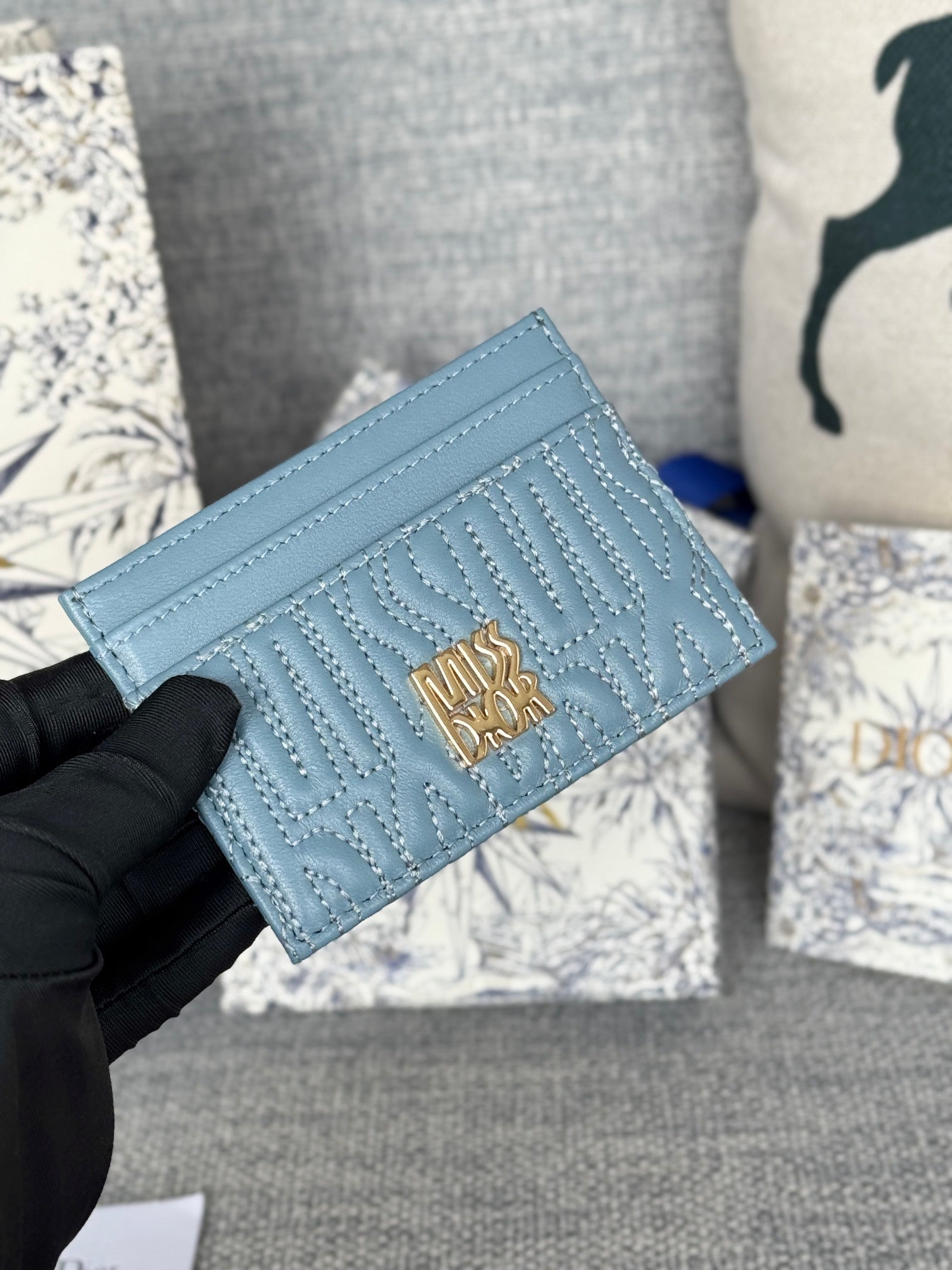 DIOR FREESIA CARD HOLDER 10 IN BABY BLUE QUILTED ALLOVER CALFSKIN