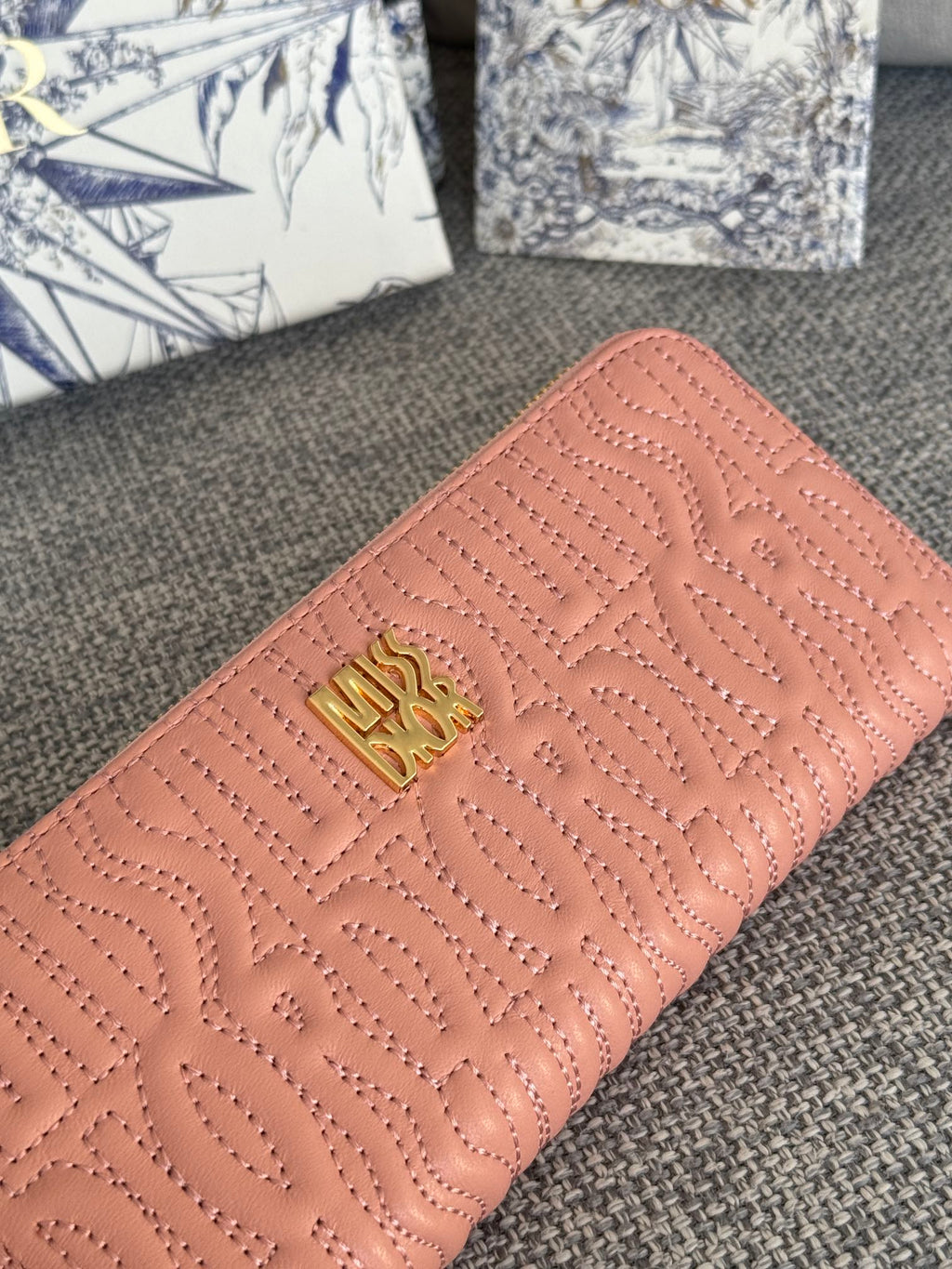 DIOR VERTICAL LONG ZIP WALLET 20 IN BABY PINK QUILTED ALLOVER CALFSKIN