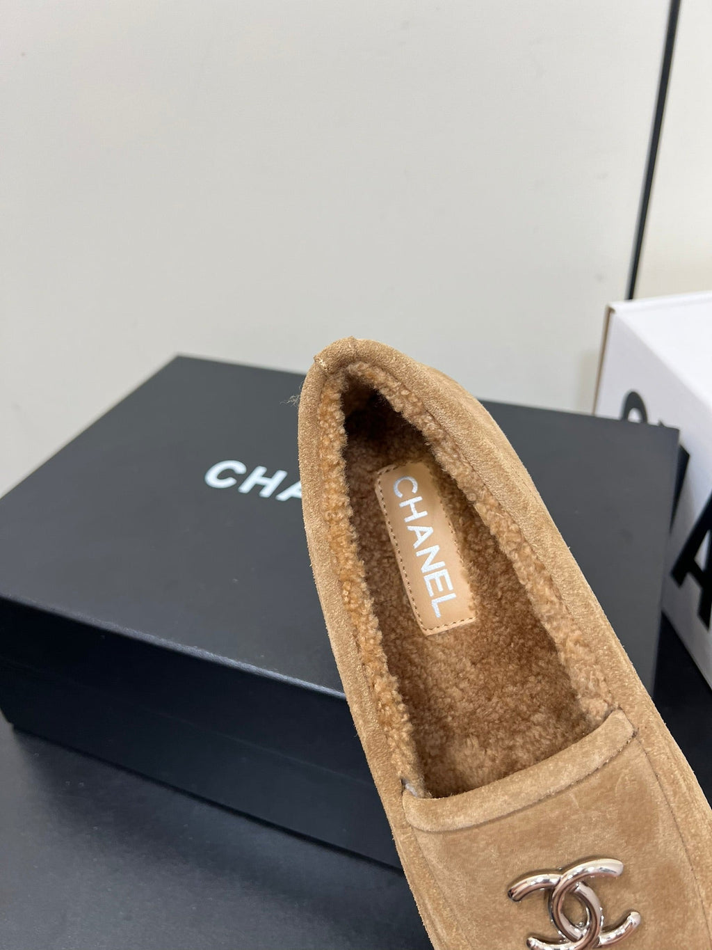 CHANEL LOAFER IN SEPIA TAN SUEDE AND SOLF FLEECE LINING