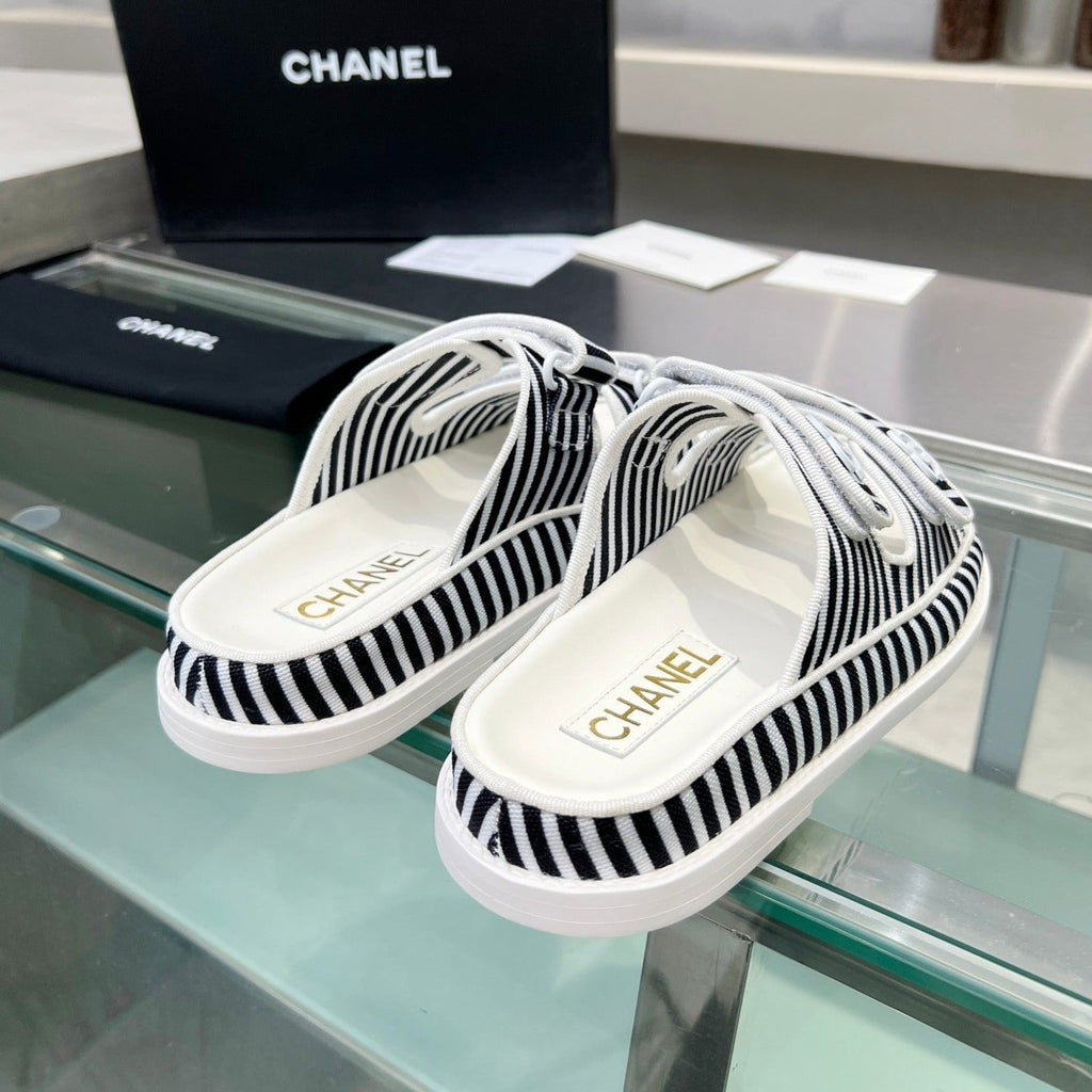 CHANEL Women's Stripes Casual  Flat Sandals Black White