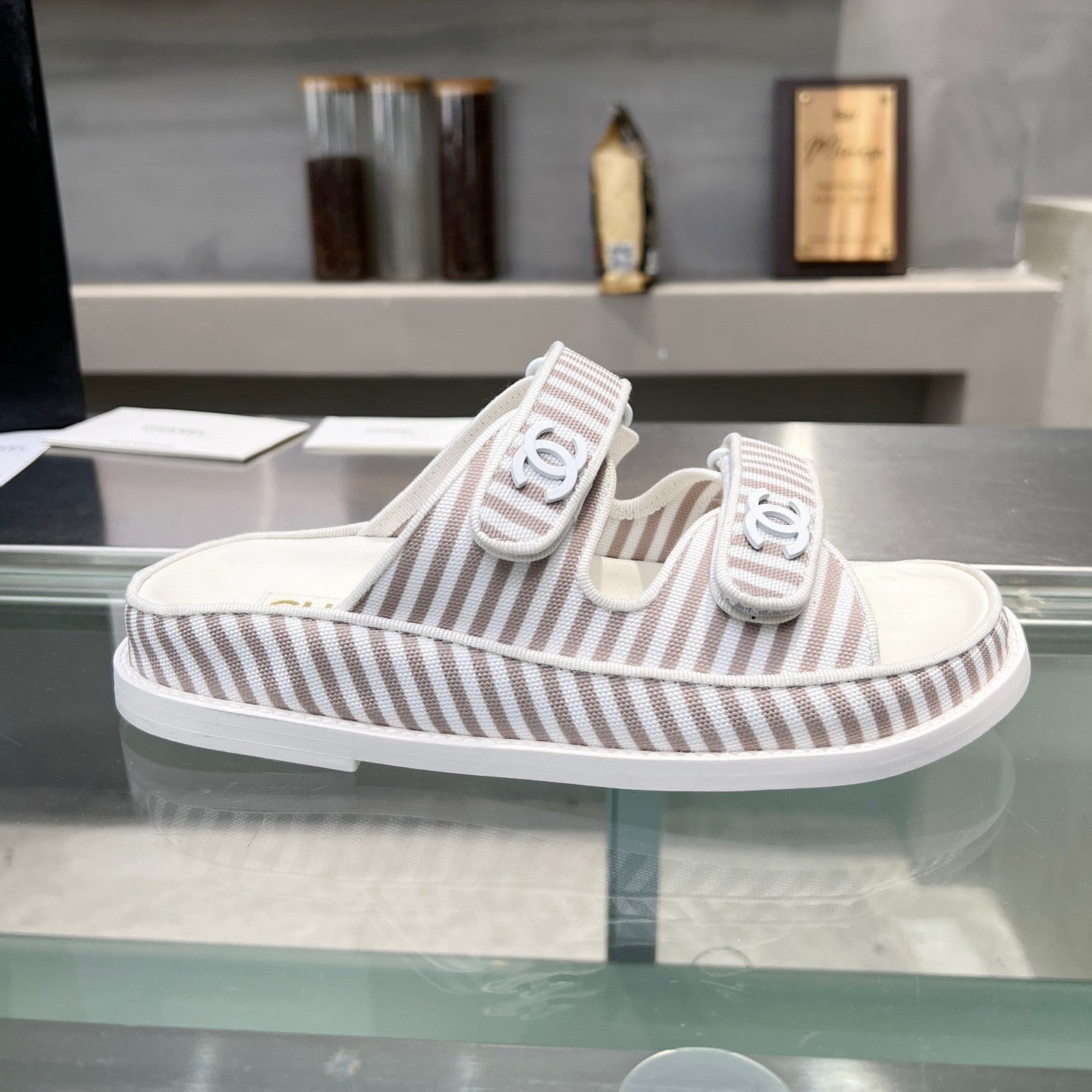 CHANEL Stripes Casual  Flat Sandals Gray White
