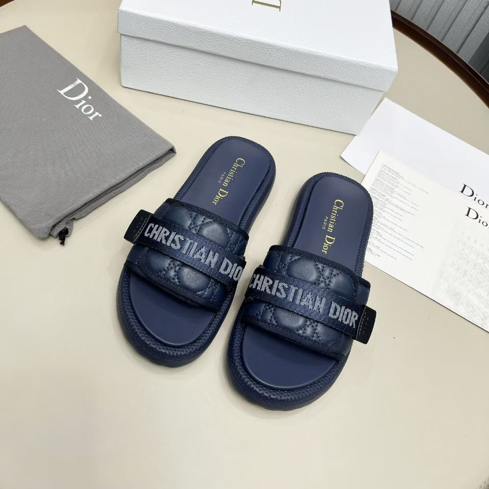 DIOR PLATFORM SLIDES 25S 50MM IN NAVY BLUE CALFSKIN AND ELECTRIC FABRIC