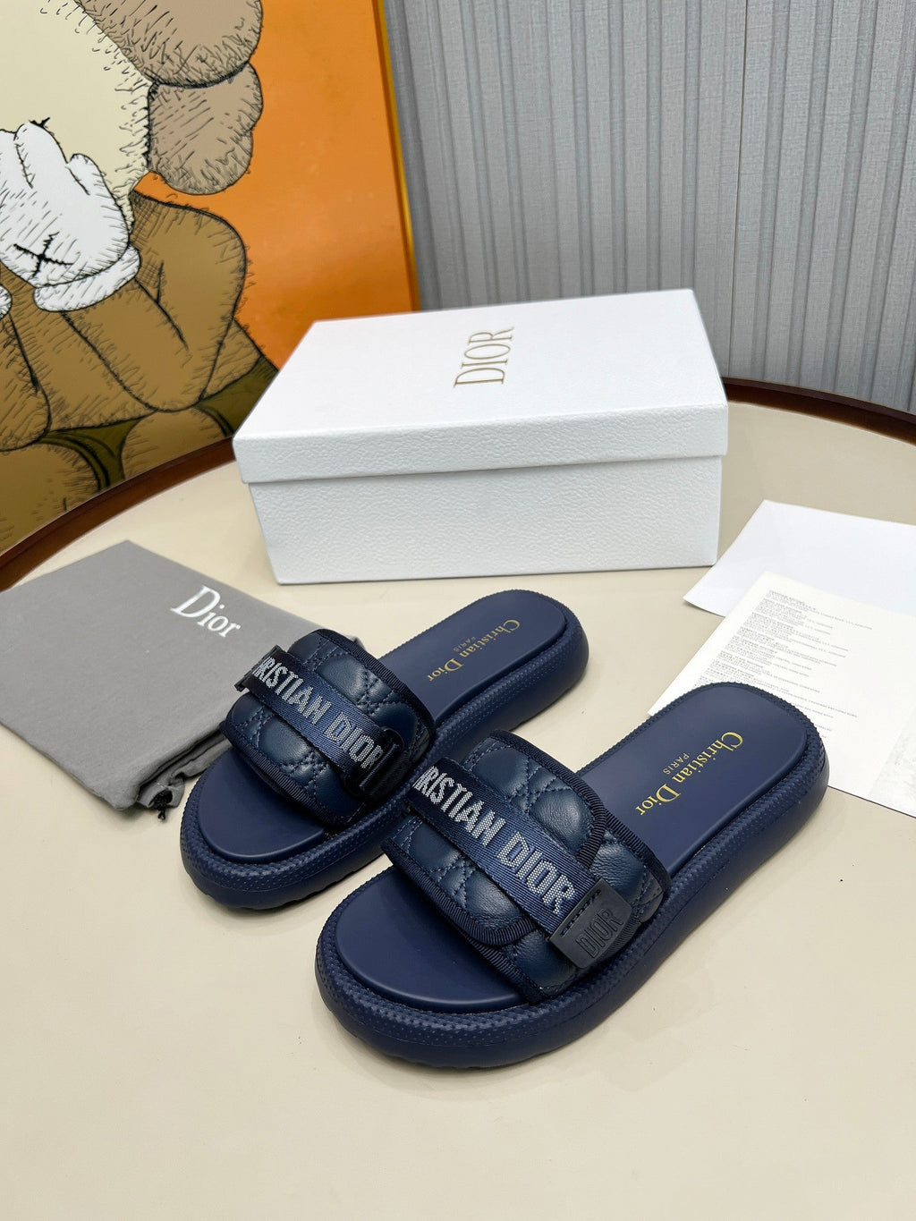 DIOR PLATFORM SLIDES 25S 50MM IN NAVY BLUE CALFSKIN AND ELECTRIC FABRIC