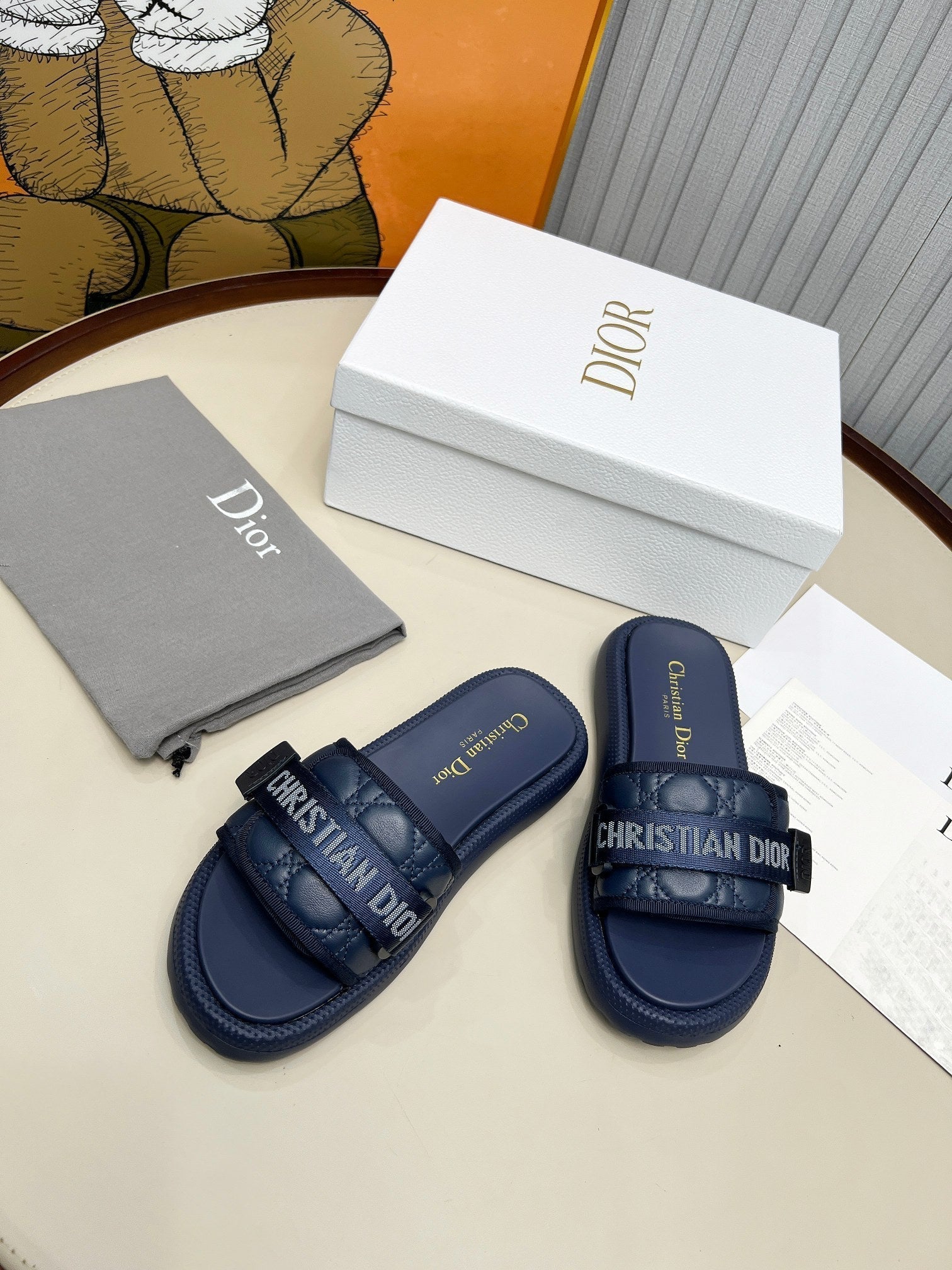 DIOR PLATFORM SLIDES 25S 50MM IN NAVY BLUE CALFSKIN AND ELECTRIC FABRIC