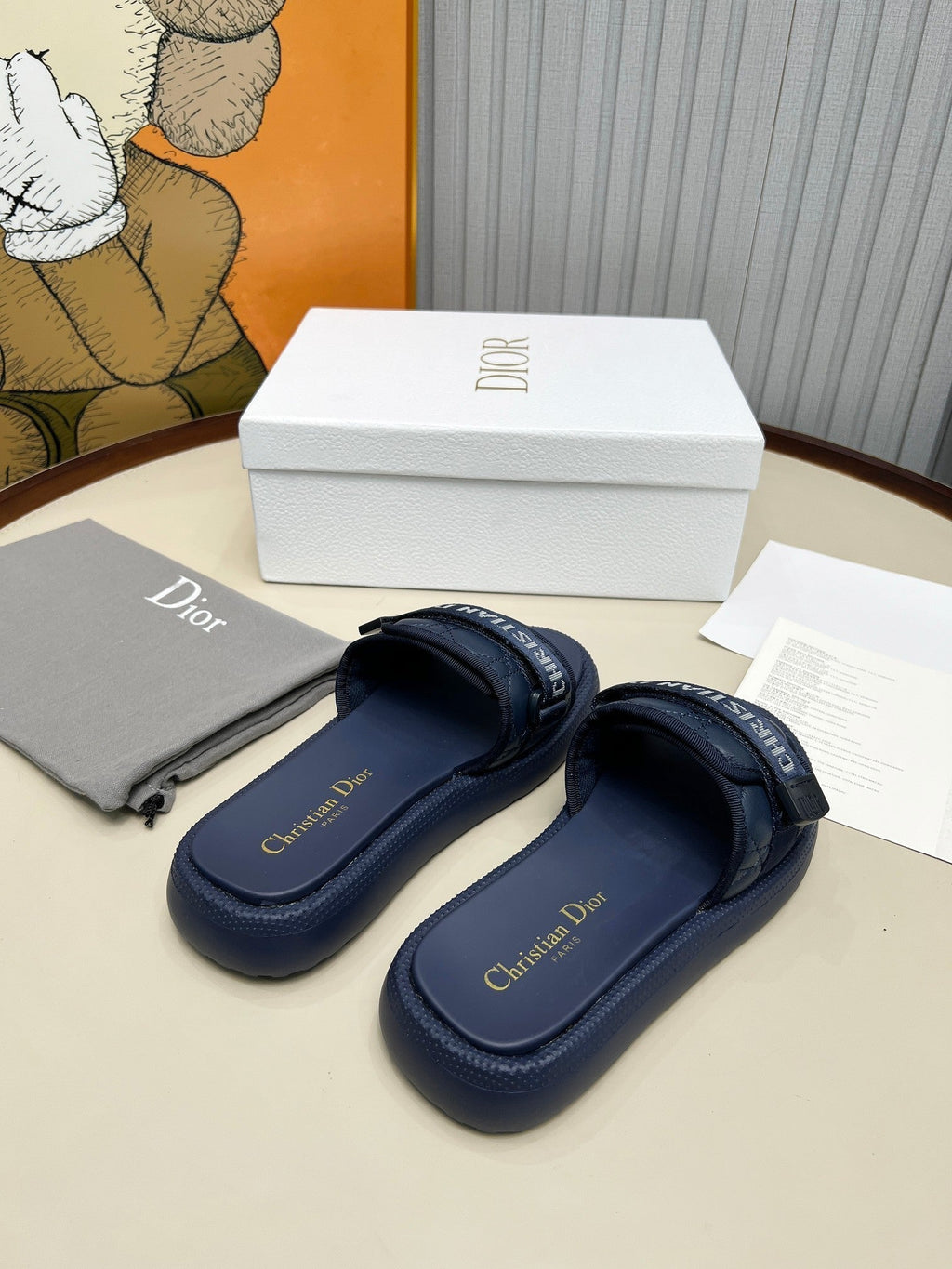 DIOR PLATFORM SLIDES 25S 50MM IN NAVY BLUE CALFSKIN AND ELECTRIC FABRIC