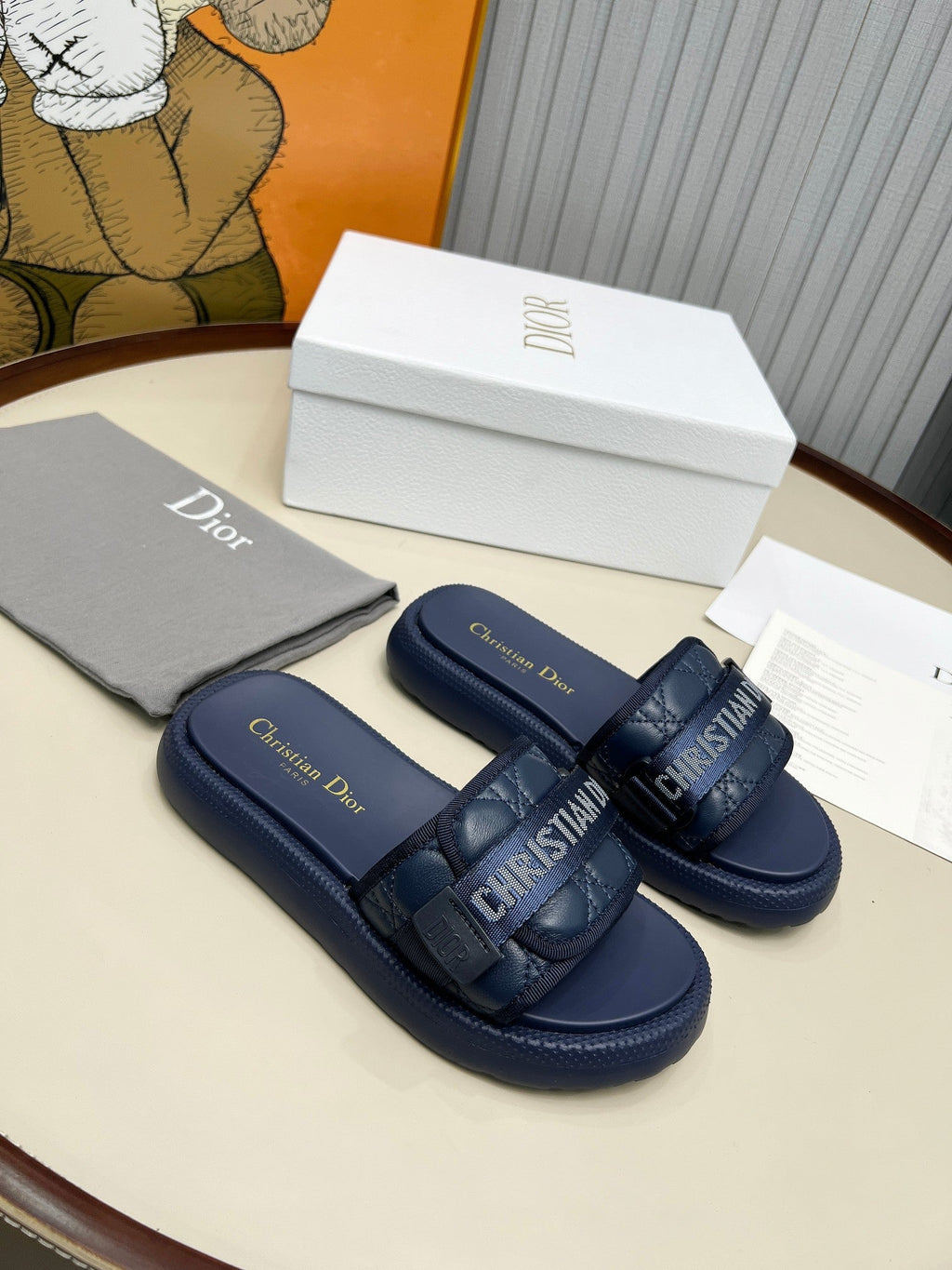 DIOR PLATFORM SLIDES 25S 50MM IN NAVY BLUE CALFSKIN AND ELECTRIC FABRIC