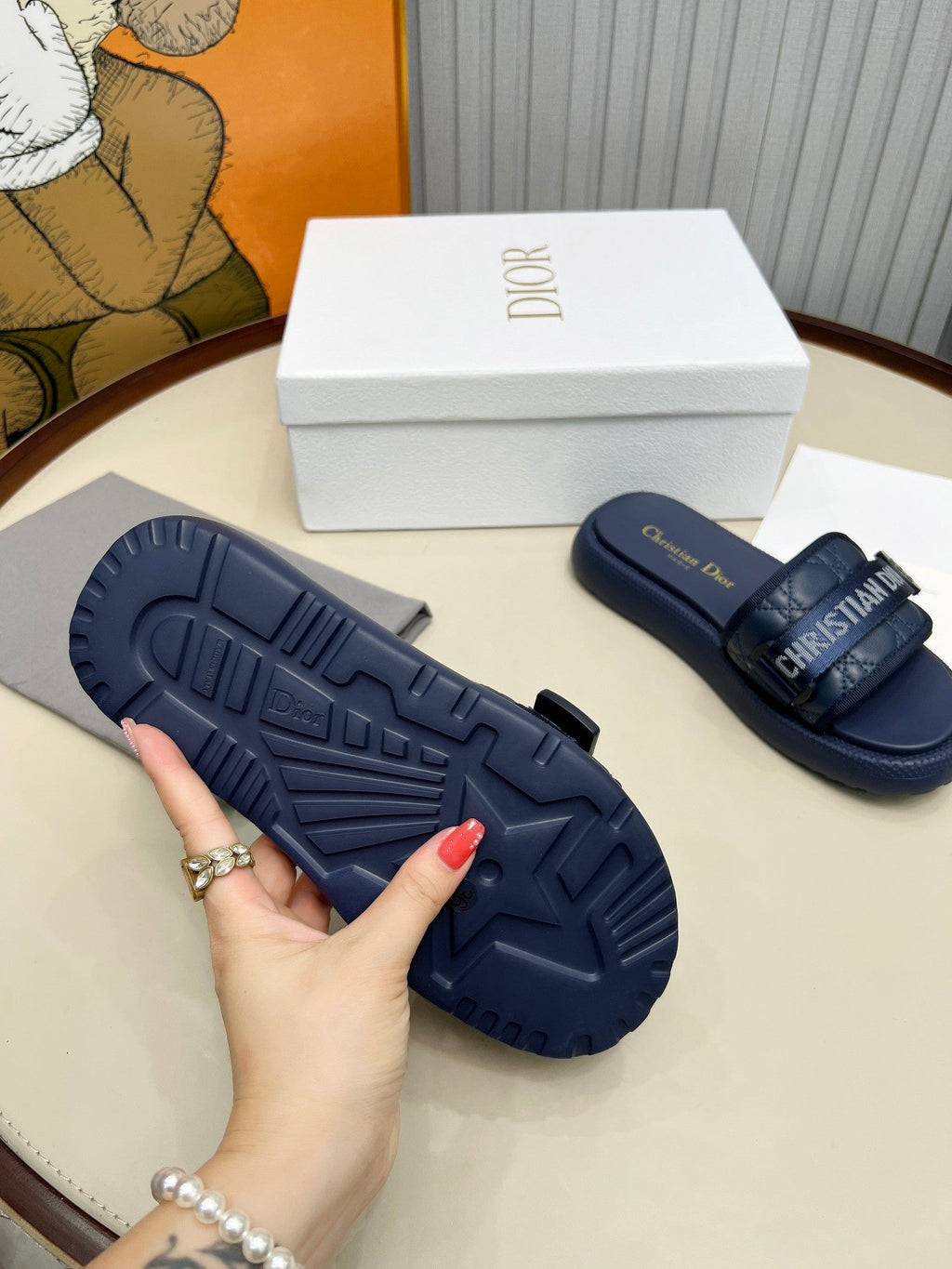 DIOR PLATFORM SLIDES 25S 50MM IN NAVY BLUE CALFSKIN AND ELECTRIC FABRIC