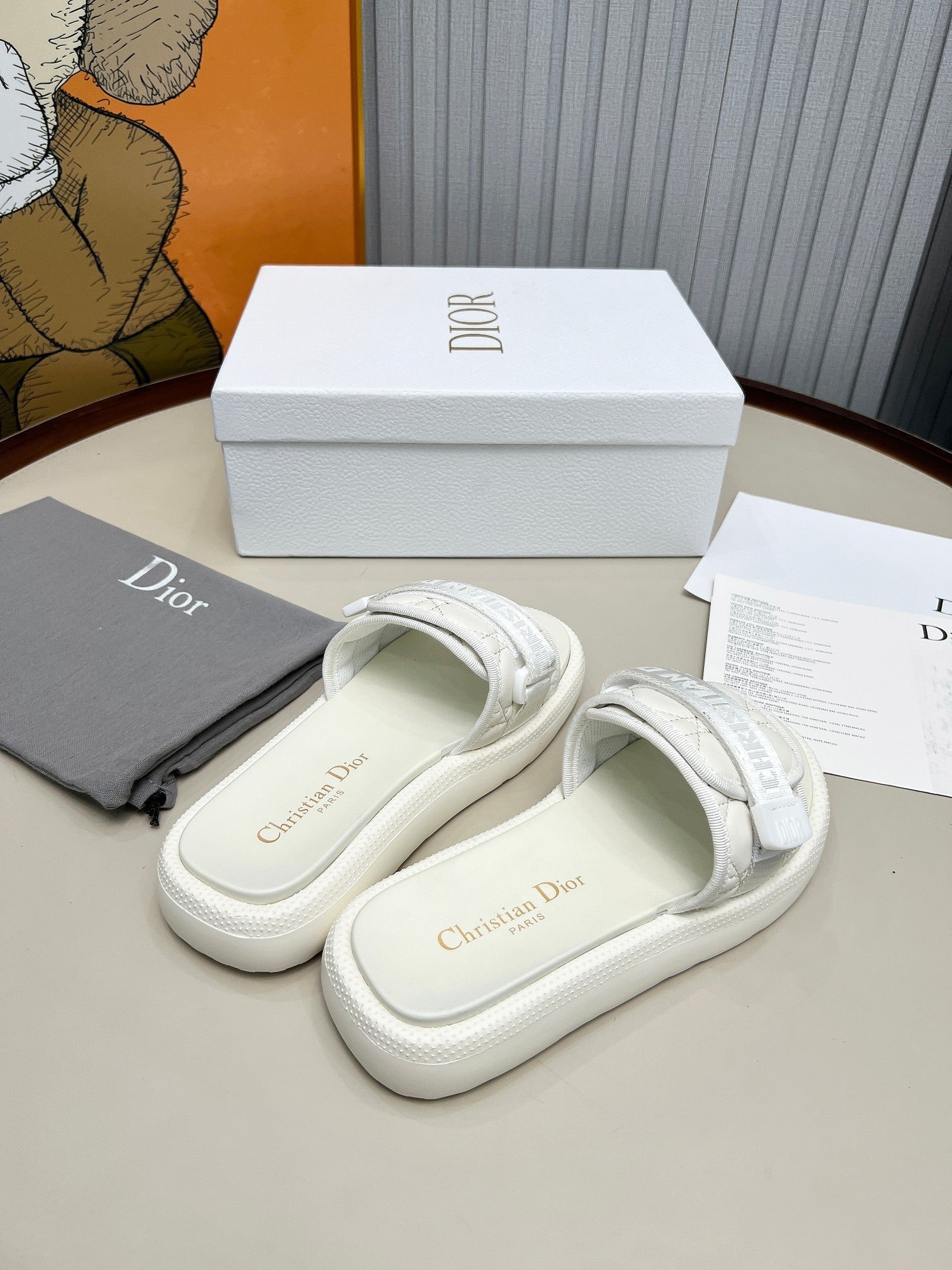 DIOR PLATFORM SLIDES 25S 50MM IN WHITE CALFSKIN AND ELECTRIC FABRIC