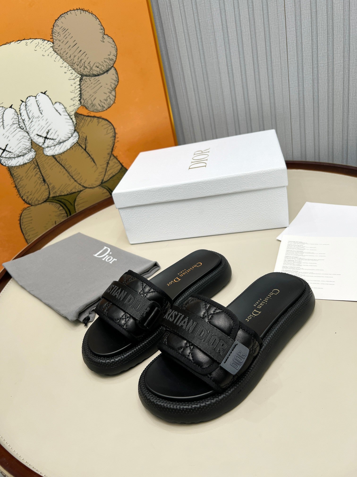 DIOR PLATFORM SLIDES 25S 50MM IN BLACK CALFSKIN AND ELECTRIC FABRIC