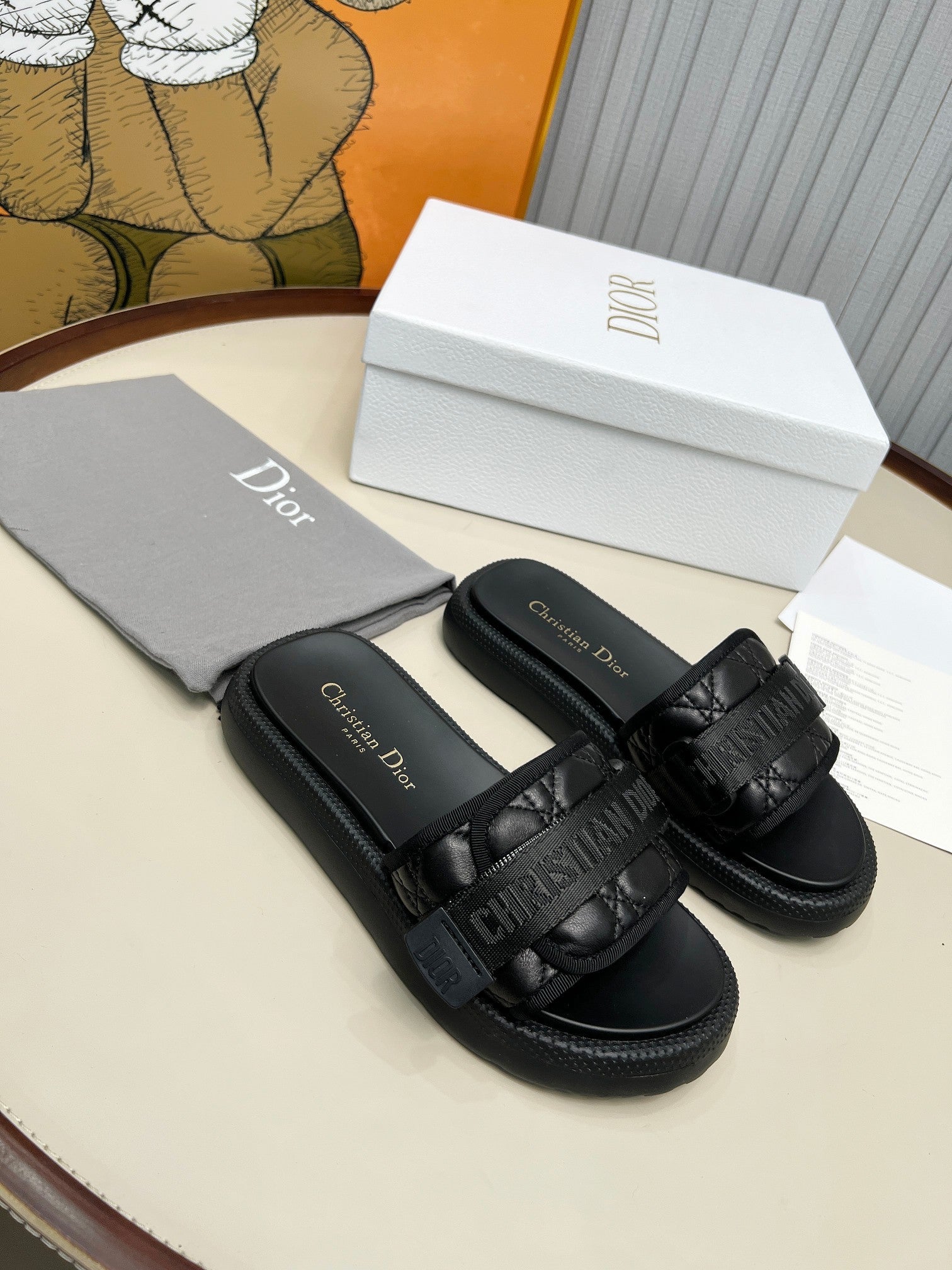 DIOR PLATFORM SLIDES 25S 50MM IN BLACK CALFSKIN AND ELECTRIC FABRIC