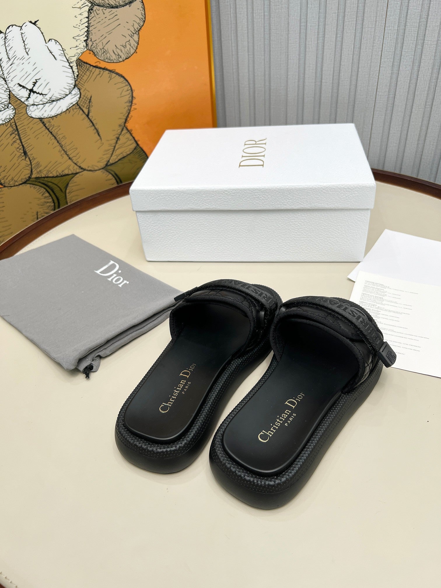 DIOR PLATFORM SLIDES 25S 50MM IN BLACK CALFSKIN AND ELECTRIC FABRIC