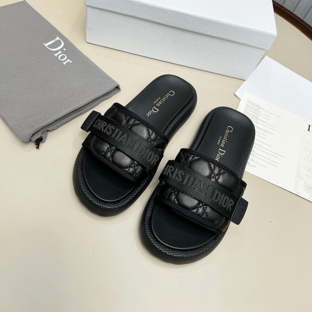 DIOR PLATFORM SLIDES 25S 50MM IN BLACK CALFSKIN AND ELECTRIC FABRIC