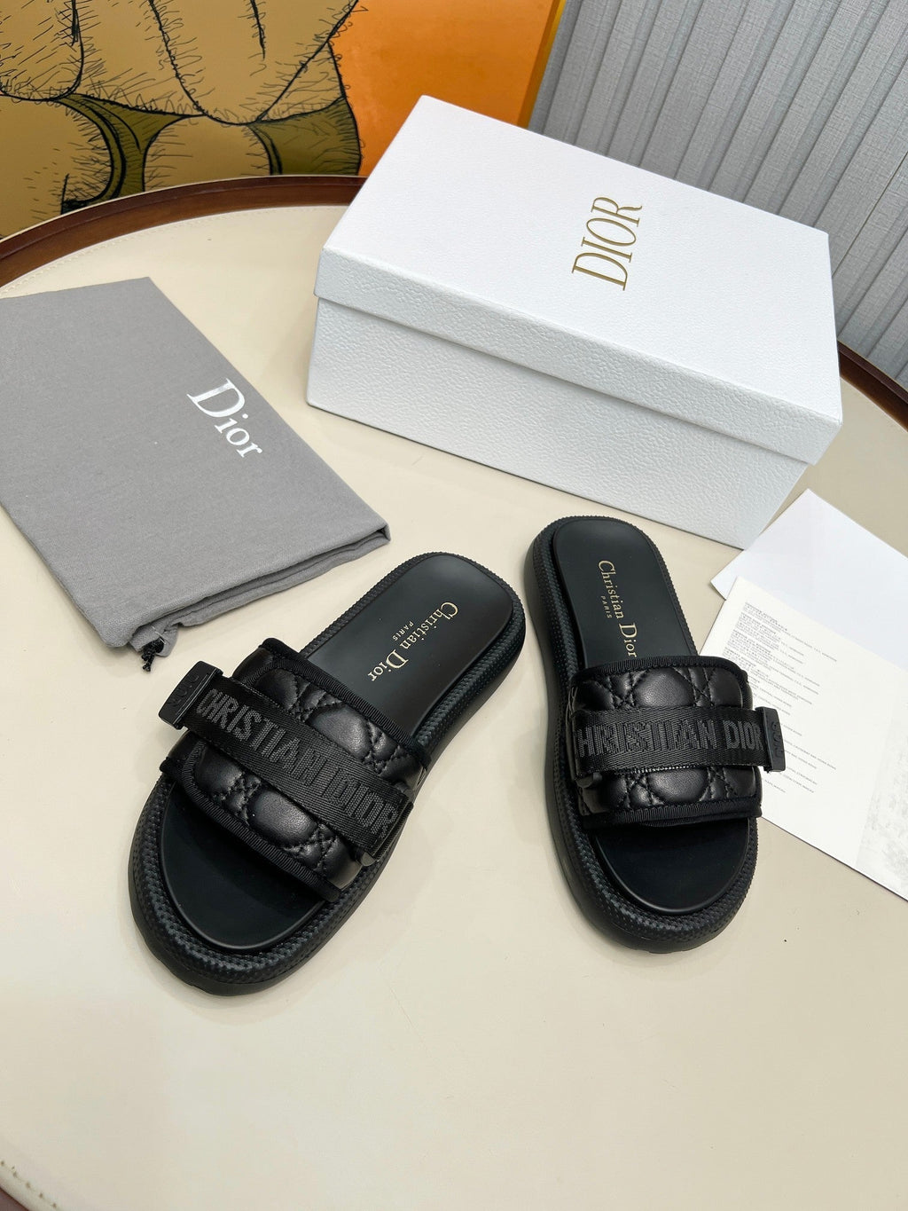 DIOR PLATFORM SLIDES 25S 50MM IN BLACK CALFSKIN AND ELECTRIC FABRIC