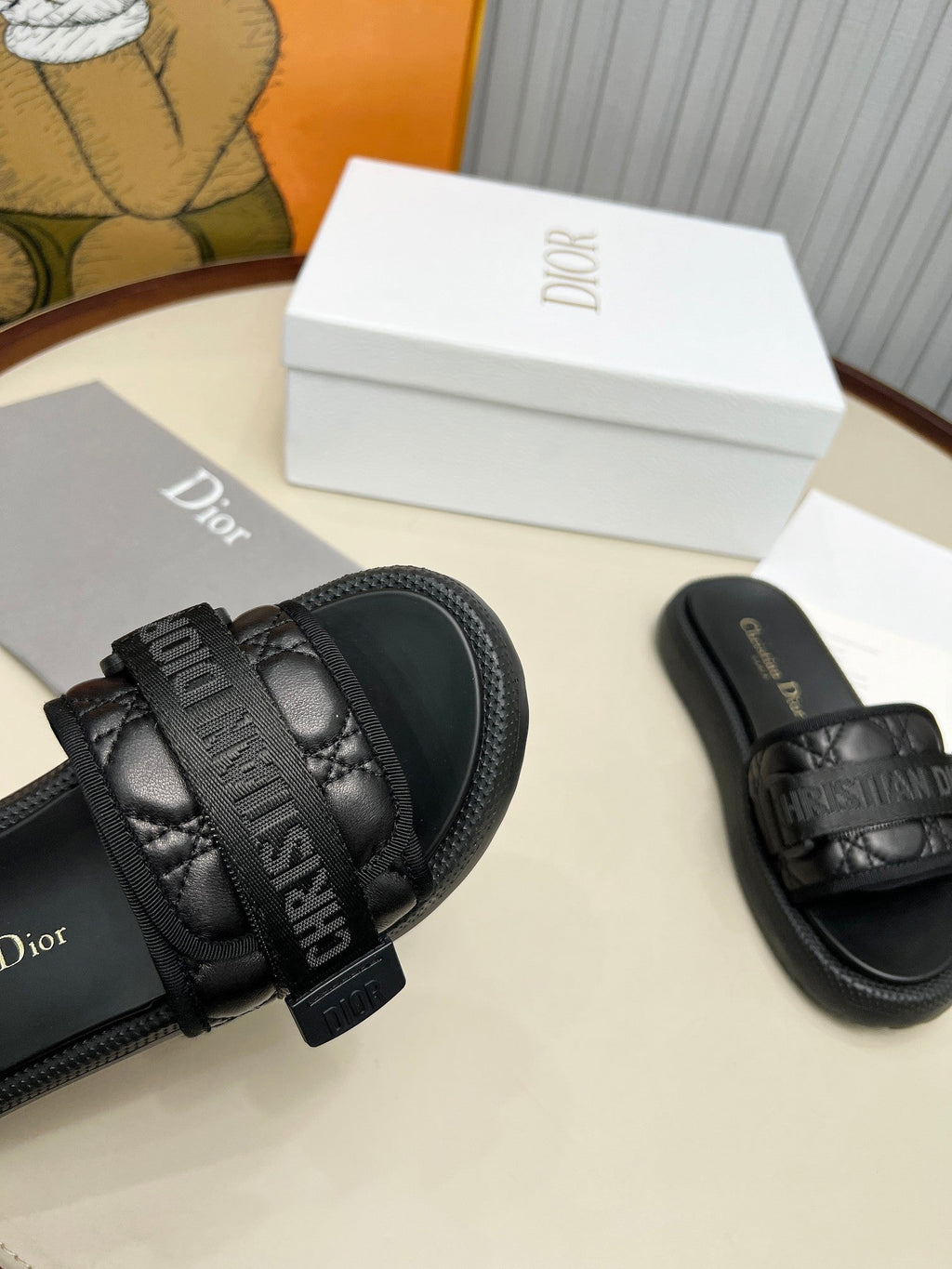DIOR PLATFORM SLIDES 25S 50MM IN BLACK CALFSKIN AND ELECTRIC FABRIC