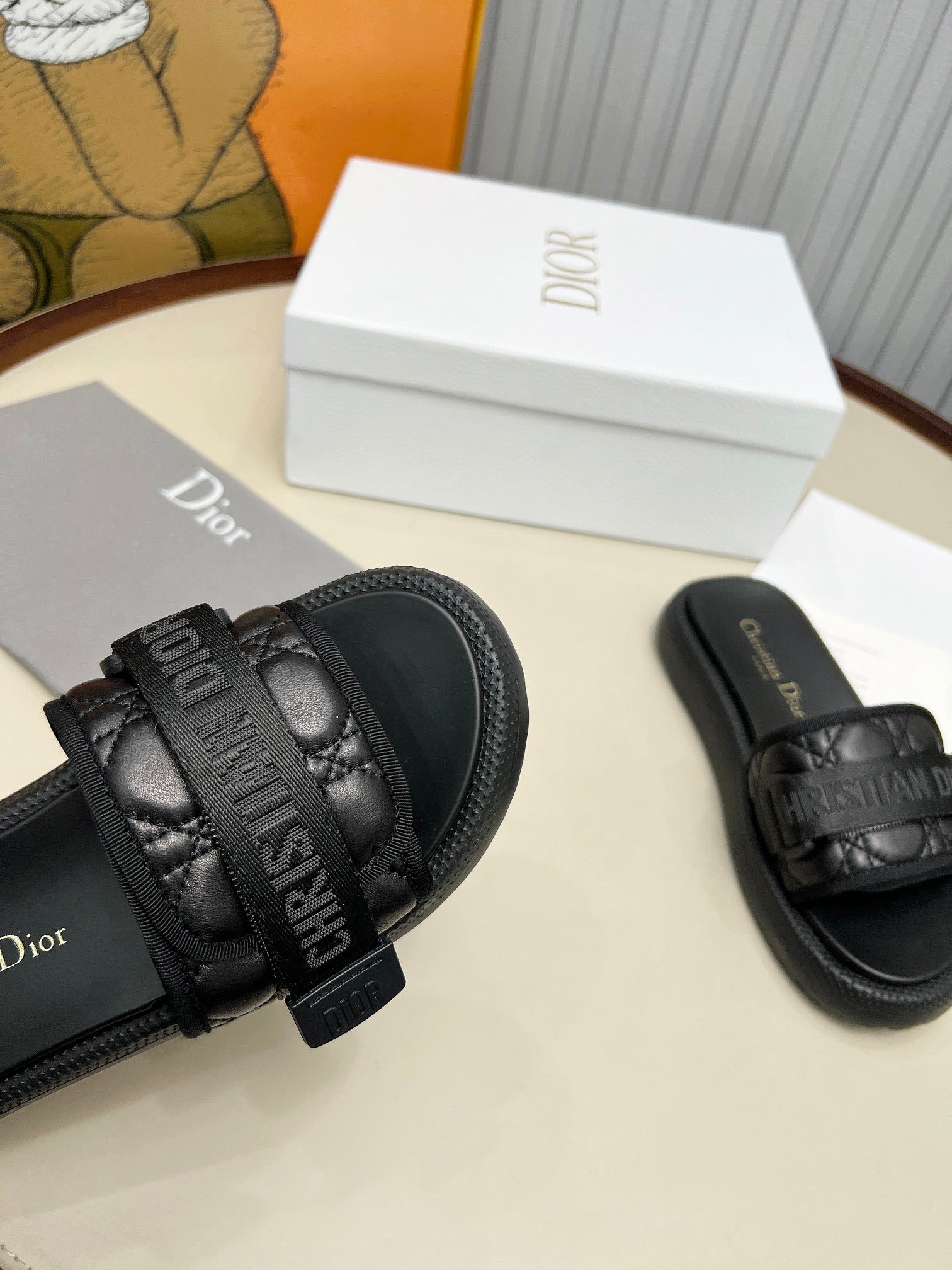 DIOR PLATFORM SLIDES 25S 50MM IN BLACK CALFSKIN AND ELECTRIC FABRIC