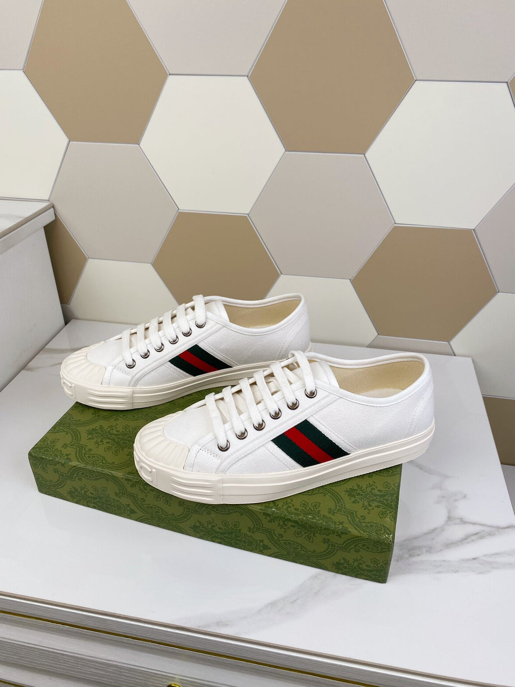 GUCCI JULIO SNEAKER WITH WEB WHITE CANVAS