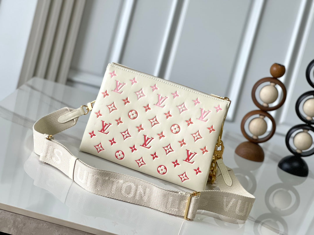 LOUIS VUITTON COUSSIN PM 26 IN CREAM RED MONOGRAM EMBOSSED LAMBSKIN GOLD HARDWARE