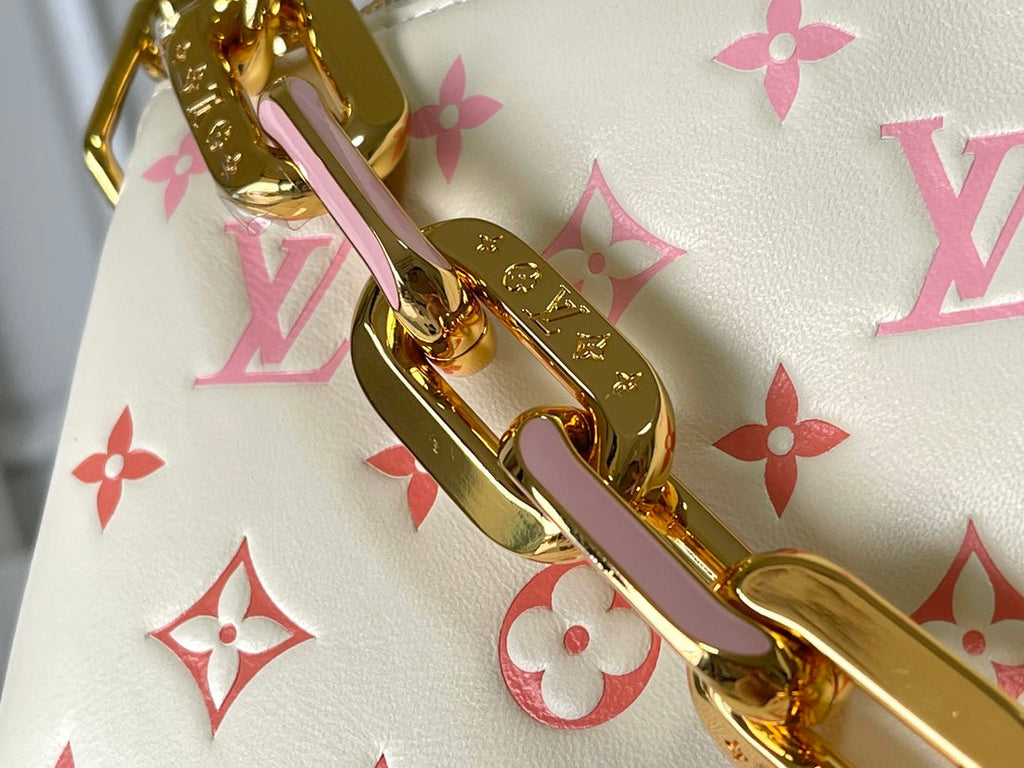 LOUIS VUITTON COUSSIN PM 26 IN CREAM RED MONOGRAM EMBOSSED LAMBSKIN GOLD HARDWARE