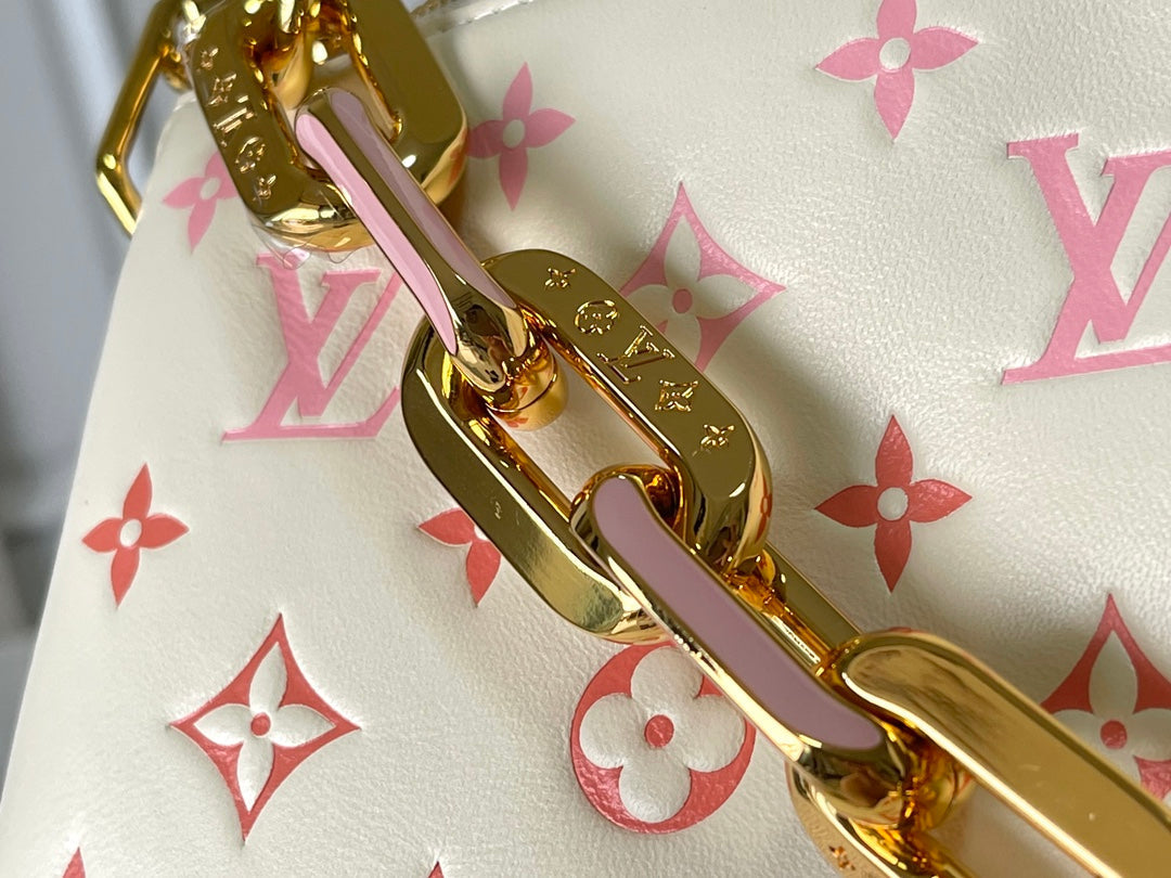 LOUIS VUITTON COUSSIN PM 26 IN CREAM RED MONOGRAM EMBOSSED LAMBSKIN GOLD HARDWARE