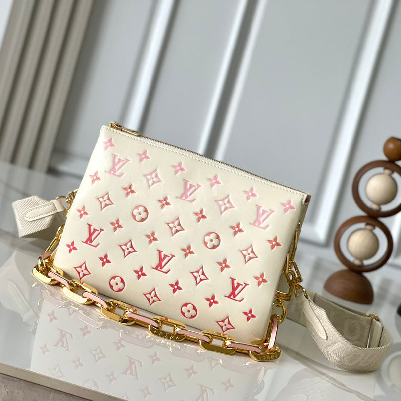 LOUIS VUITTON COUSSIN PM 26 IN CREAM RED MONOGRAM EMBOSSED LAMBSKIN GOLD HARDWARE