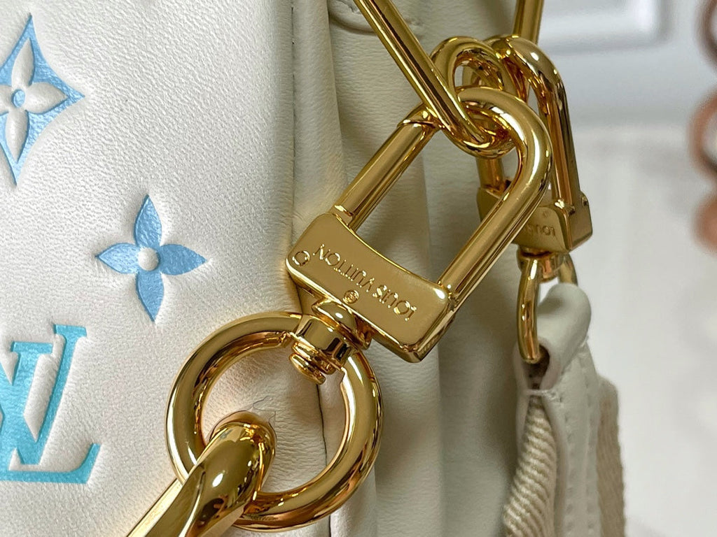 LOUIS VUITTON COUSSIN PM 26 IN WHITE BLUE MONOGRAM EMBOSSED LAMBSKIN GOLD HARDWARE
