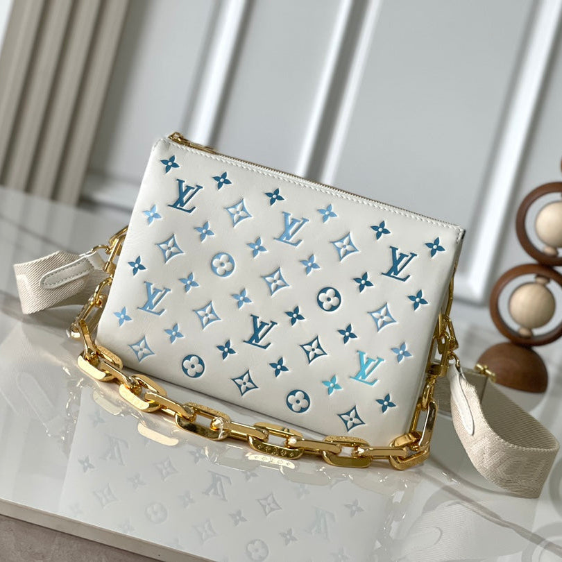 LOUIS VUITTON COUSSIN PM 26 IN WHITE BLUE MONOGRAM EMBOSSED LAMBSKIN GOLD HARDWARE