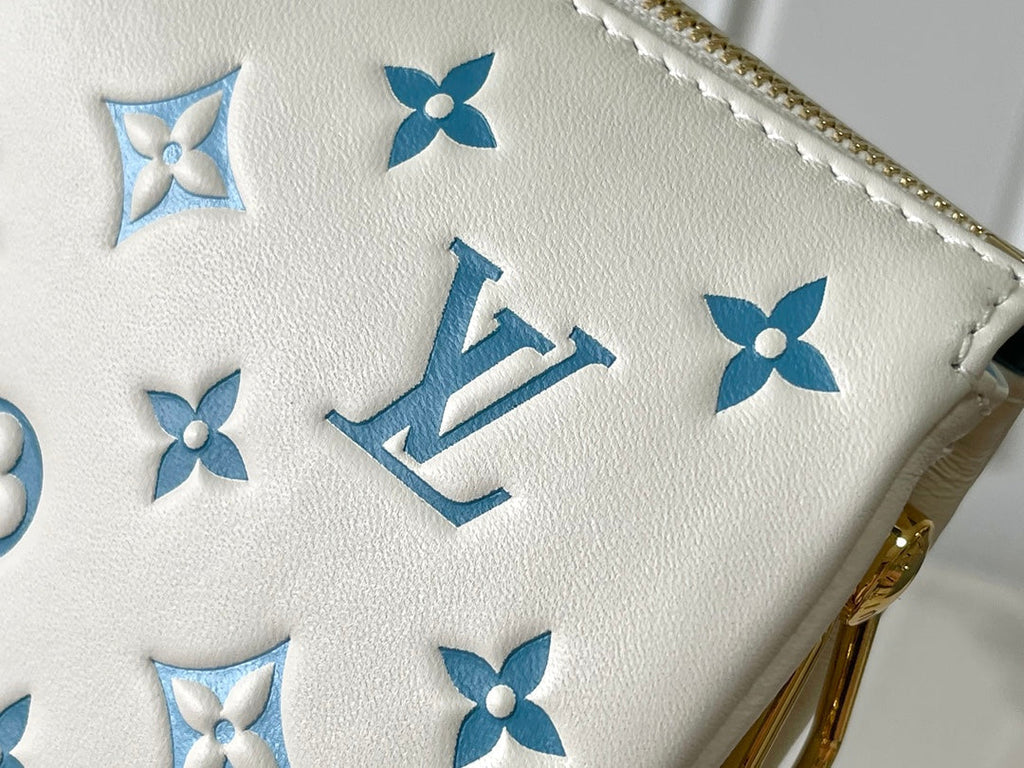 LOUIS VUITTON COUSSIN PM 26 IN WHITE BLUE MONOGRAM EMBOSSED LAMBSKIN GOLD HARDWARE