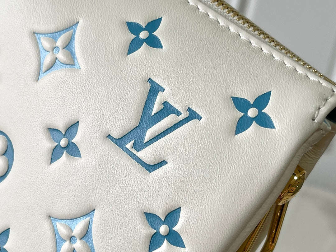 LOUIS VUITTON COUSSIN PM 26 IN WHITE BLUE MONOGRAM EMBOSSED LAMBSKIN GOLD HARDWARE