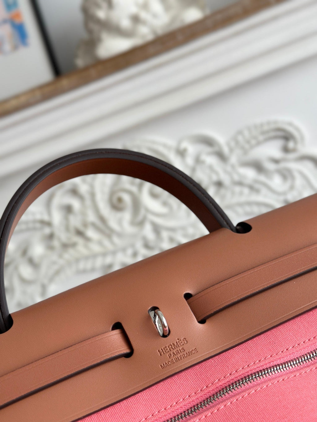 HERMES ZIP CABINE 31 BAG IN PUNCH PINK CANVAS AND BRONZE BROWN CALFSKIN